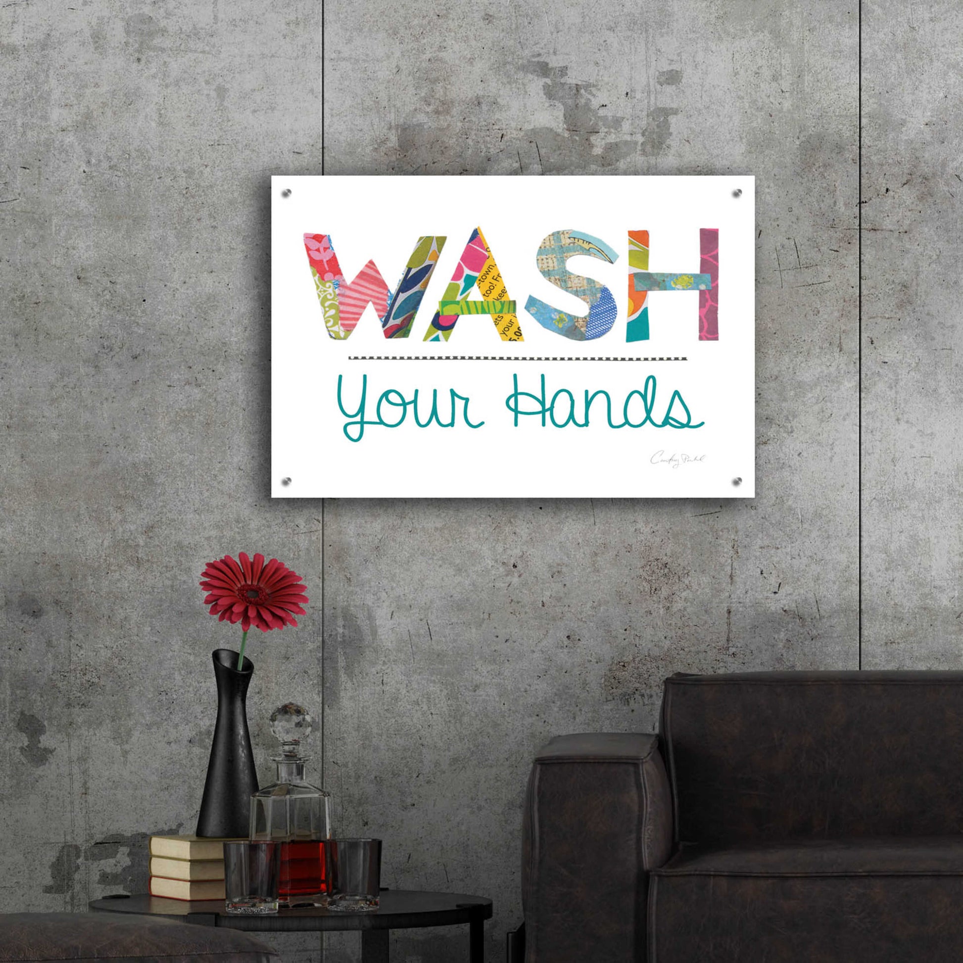 Epic Art 'Wash Your Hands Blue Words' by Courtney Prahl, Acrylic Glass Wall Art,36x24