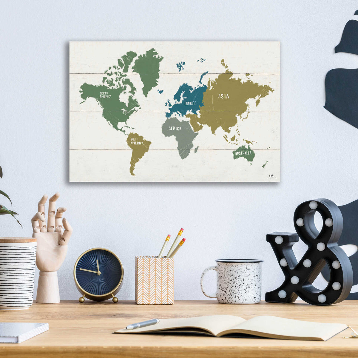 Epic Art 'Peace and Lodge World Map' by Janelle Penner, Acrylic Glass Wall Art,16x12