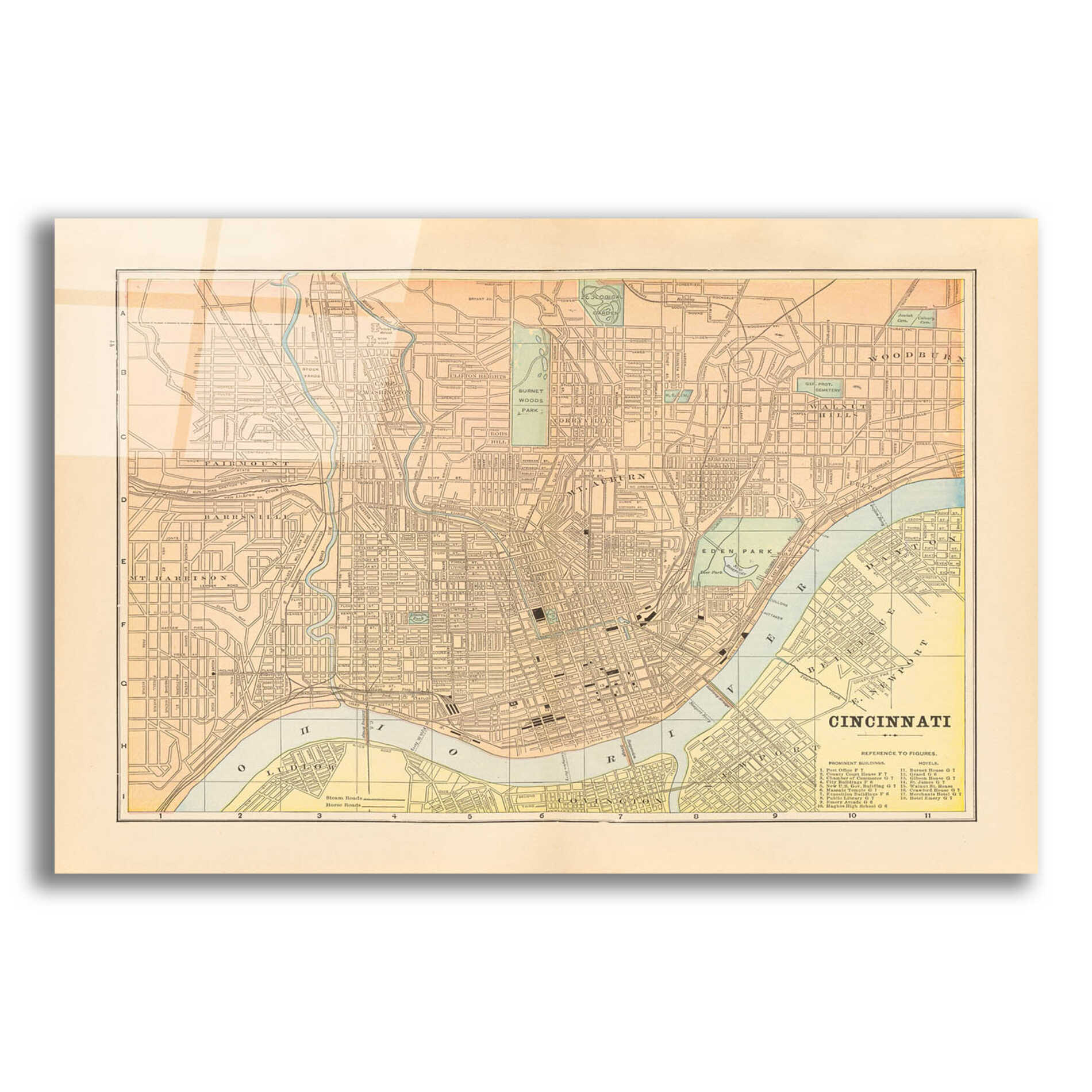 Epic Art 'Map of Cincinnati' by Wild Apple Portfolio, Acrylic Glass Wall Art,16x12