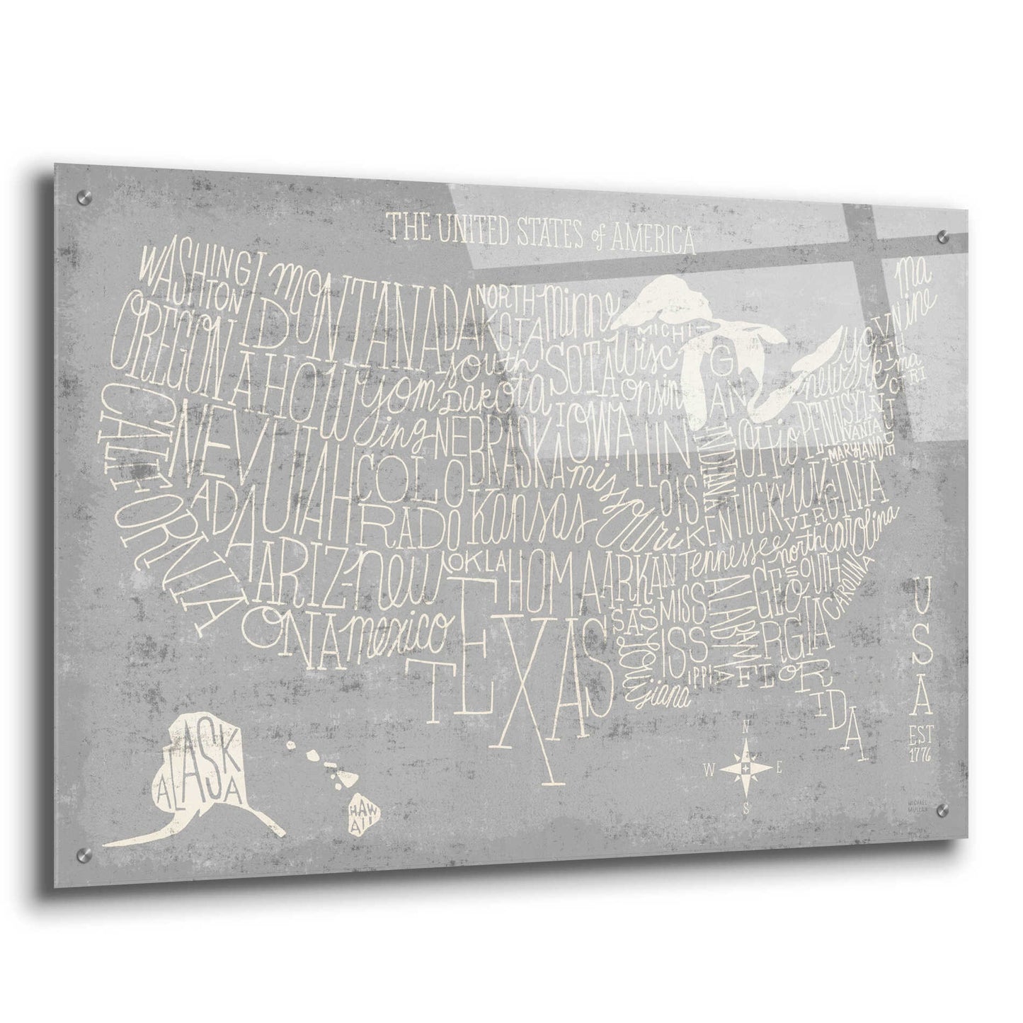 Epic Art 'Hand Lettered USA Map Gray' by Michael Mullan, Acrylic Glass Wall Art,36x24