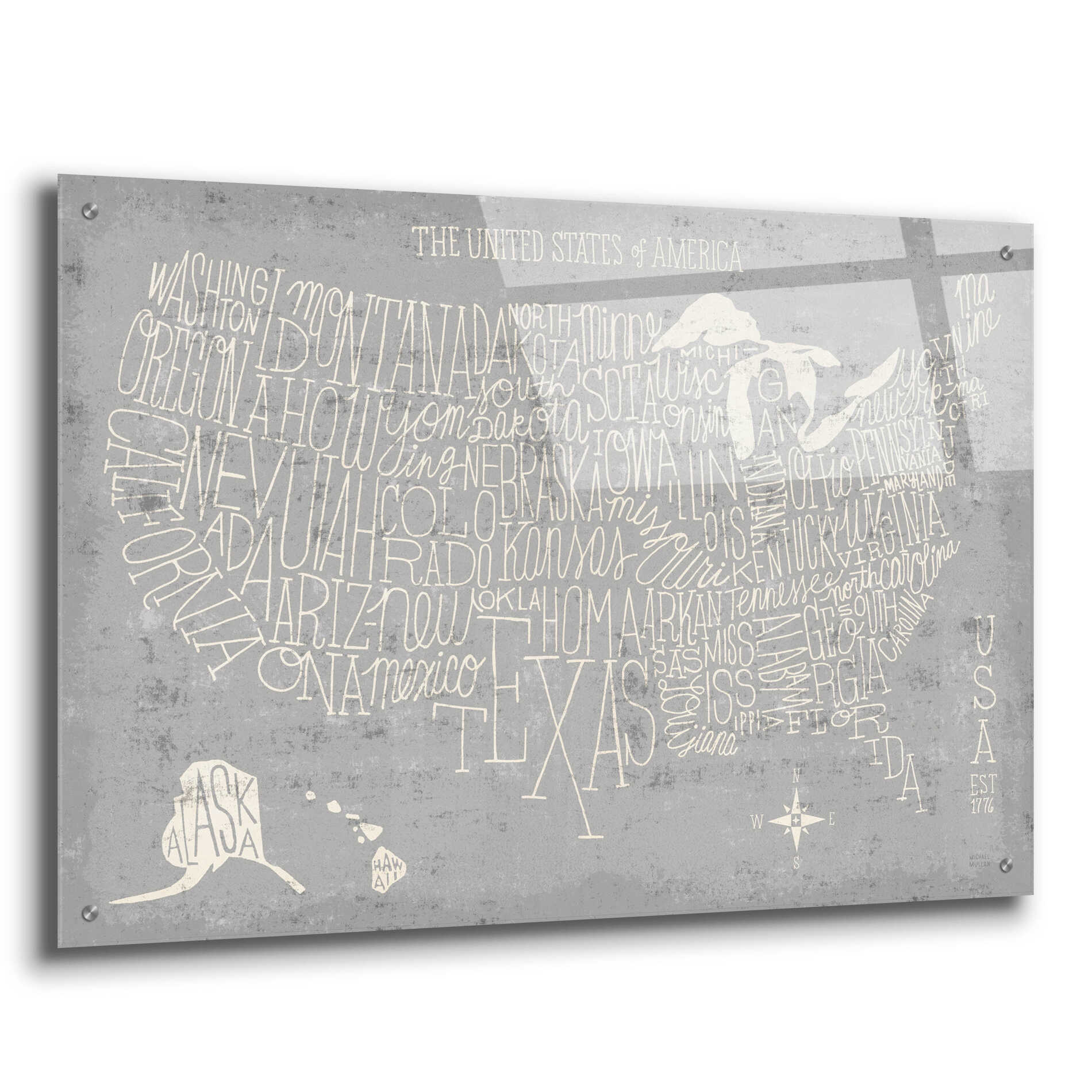 Epic Art 'Hand Lettered USA Map Gray' by Michael Mullan, Acrylic Glass Wall Art,36x24