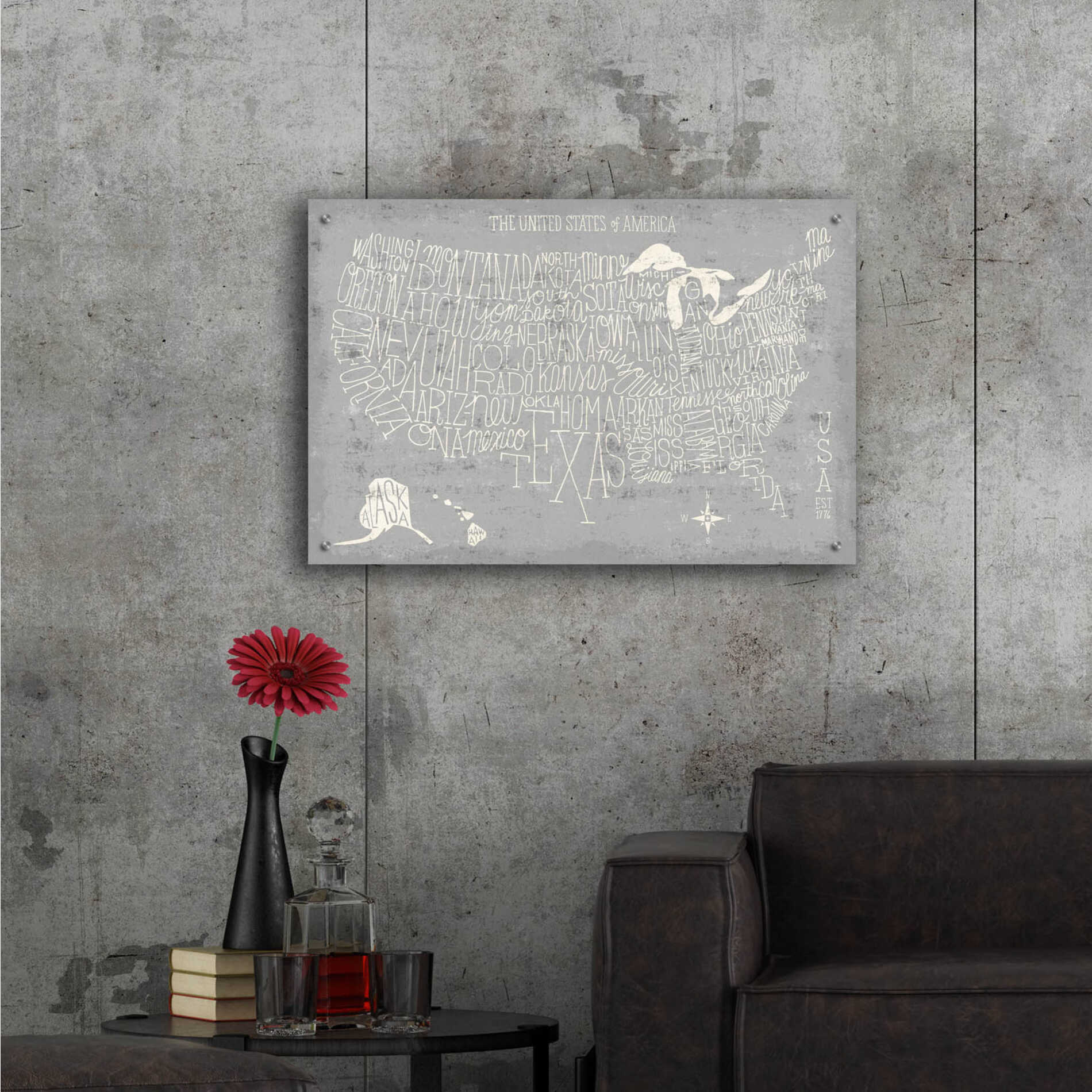 Epic Art 'Hand Lettered USA Map Gray' by Michael Mullan, Acrylic Glass Wall Art,36x24