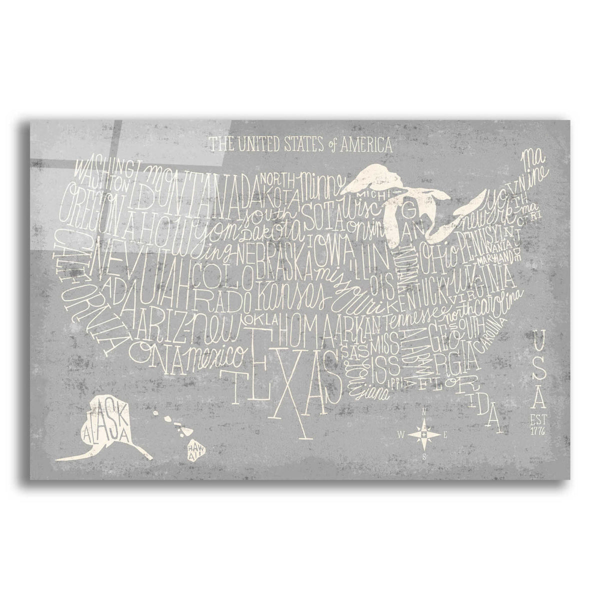 Epic Art 'Hand Lettered USA Map Gray' by Michael Mullan, Acrylic Glass Wall Art