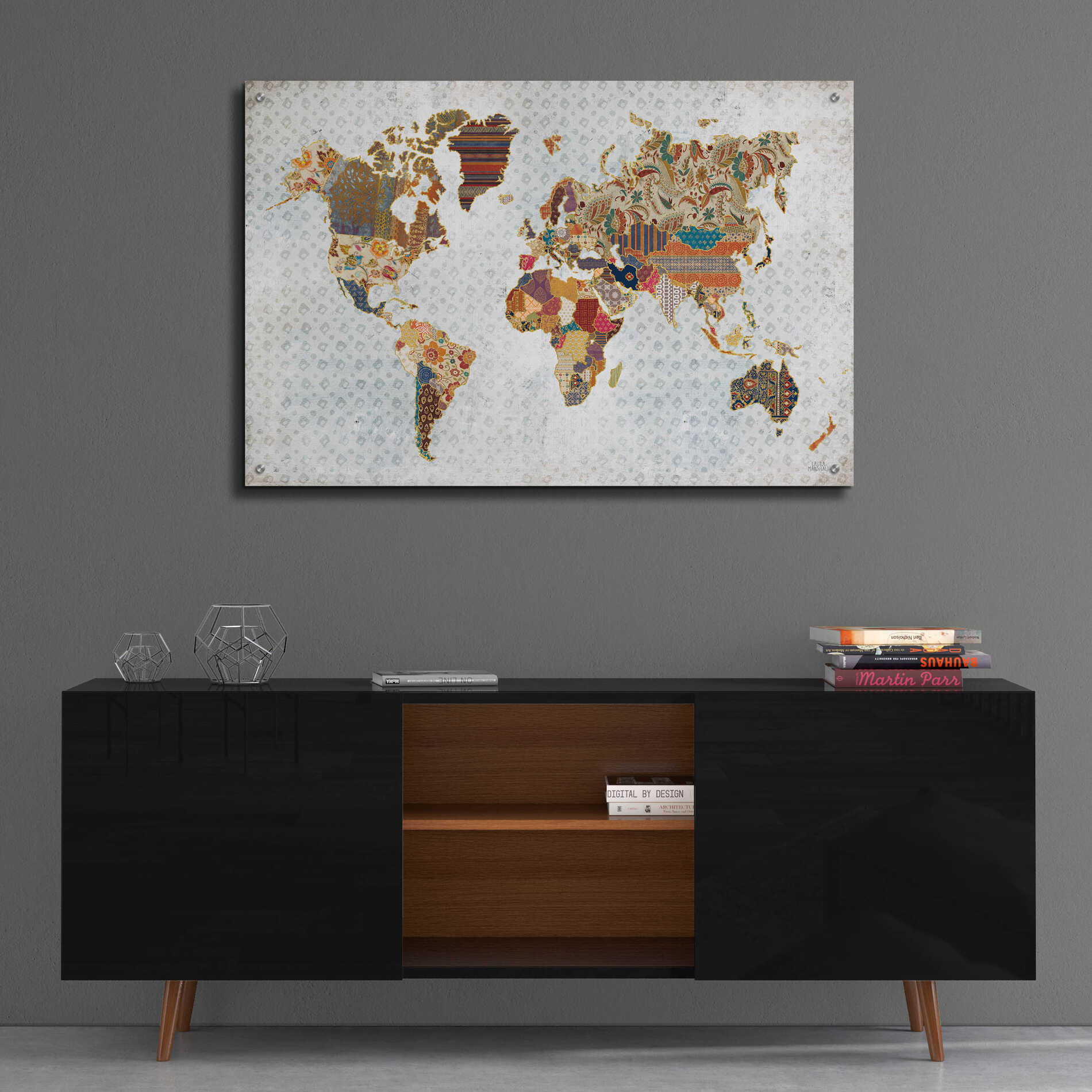 Epic Art 'Pattern World Map Geo Background' by Laura Marshall, Acrylic Glass Wall Art,36x24