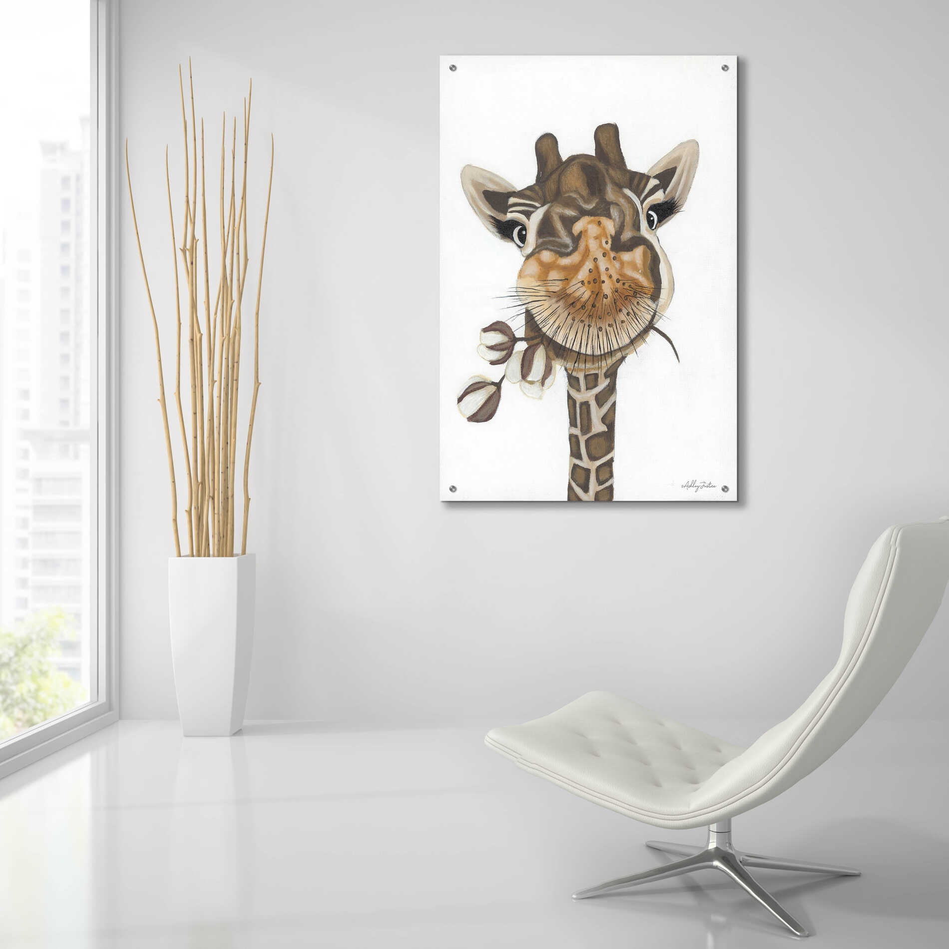 Epic Art 'Giraffe with Cotton' by Ashley Justice, Acrylic Glass Wall Art,24x36
