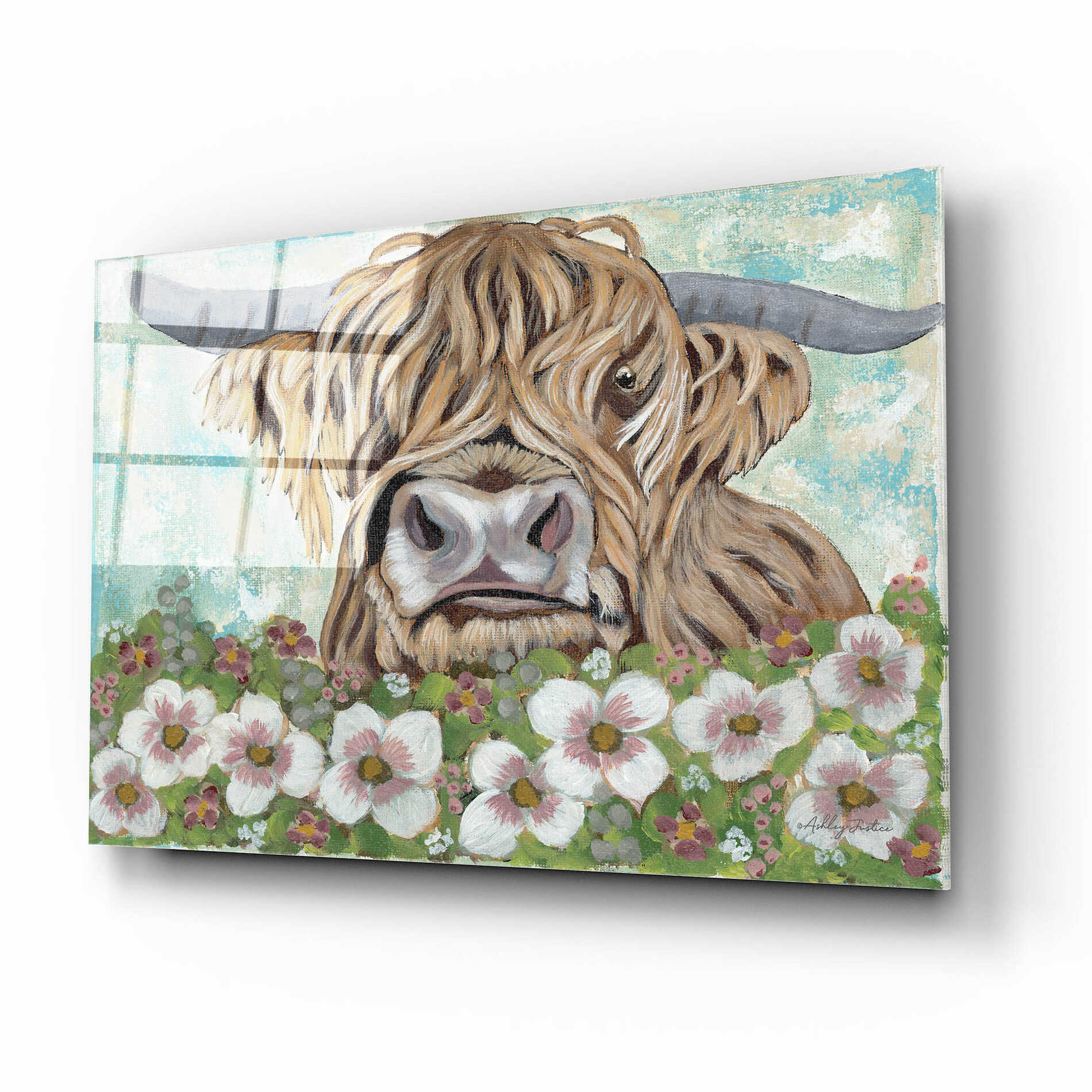 Epic Art 'Floral Highland Cow' by Ashley Justice, Acrylic Glass Wall Art,16x12