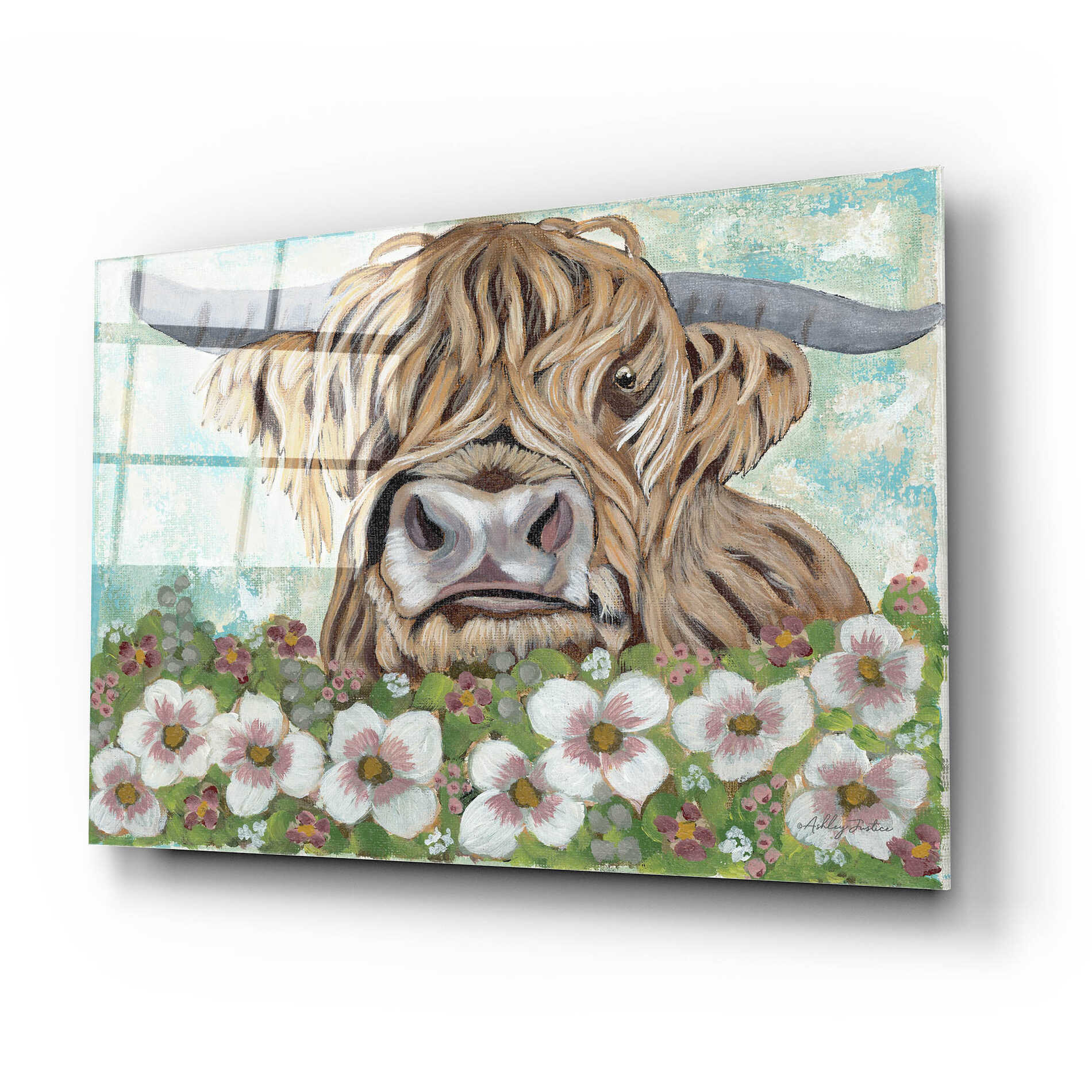 Epic Art 'Floral Highland Cow' by Ashley Justice, Acrylic Glass Wall Art,24x16