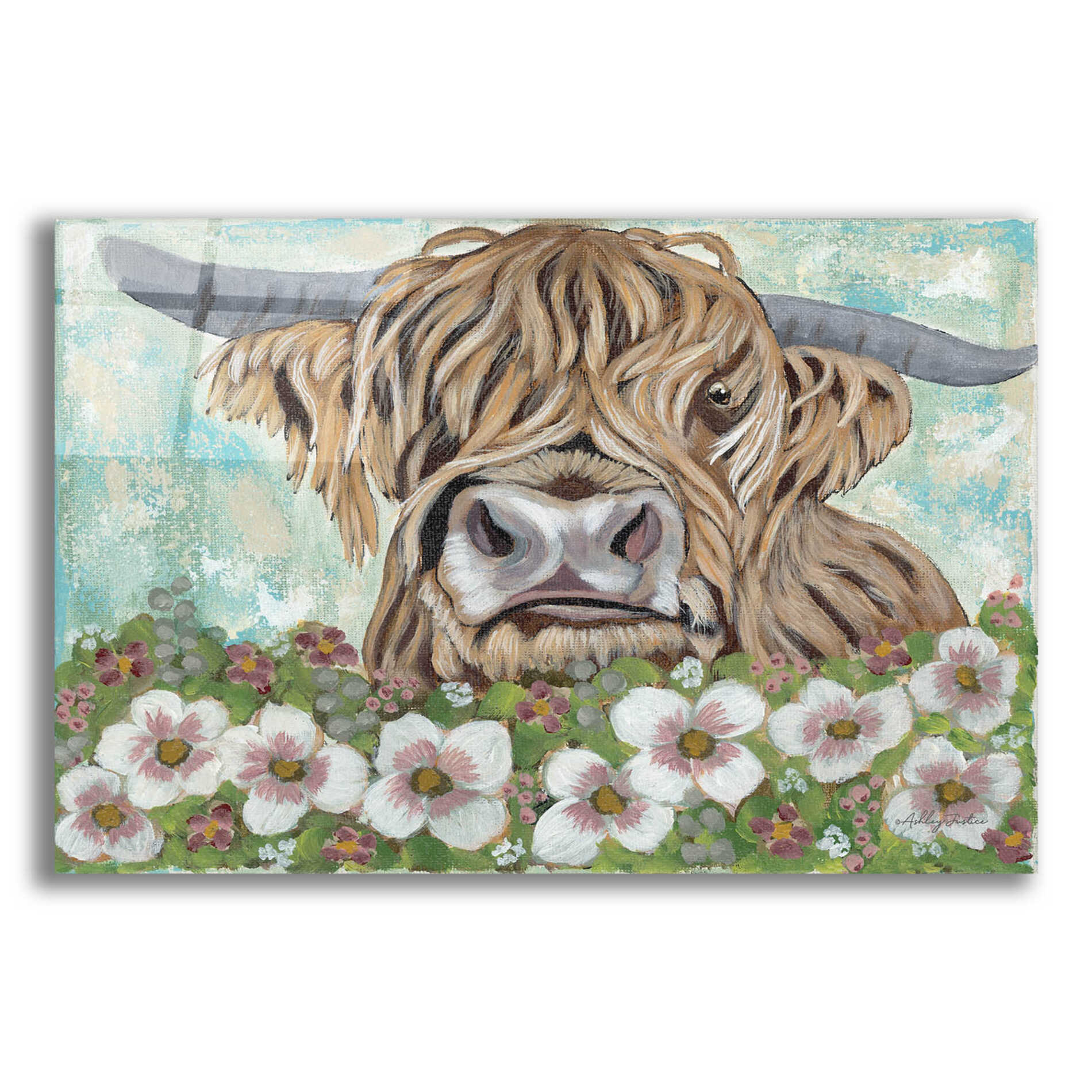 Epic Art 'Floral Highland Cow' by Ashley Justice, Acrylic Glass Wall Art,24x16