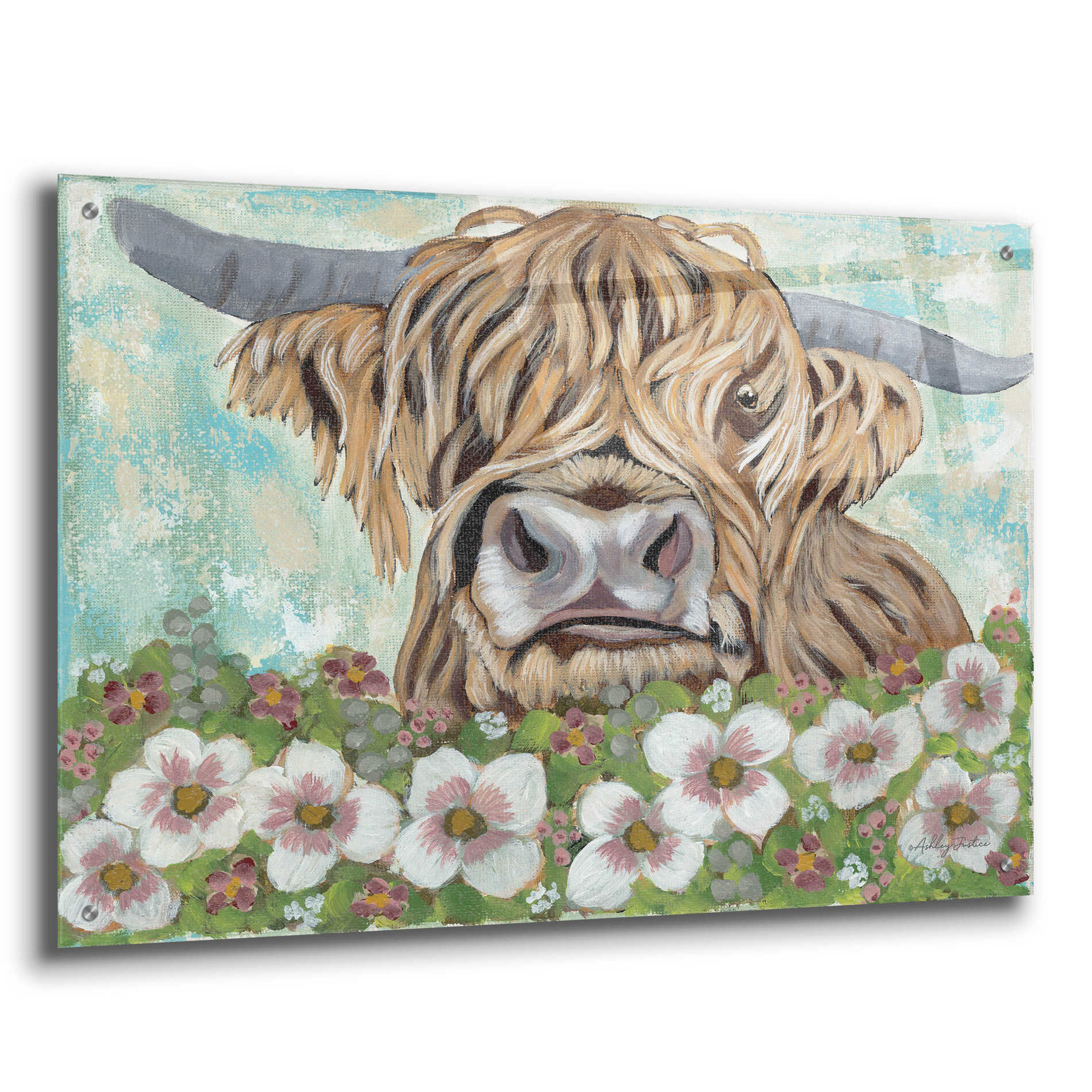 Epic Art 'Floral Highland Cow' by Ashley Justice, Acrylic Glass Wall Art,36x24