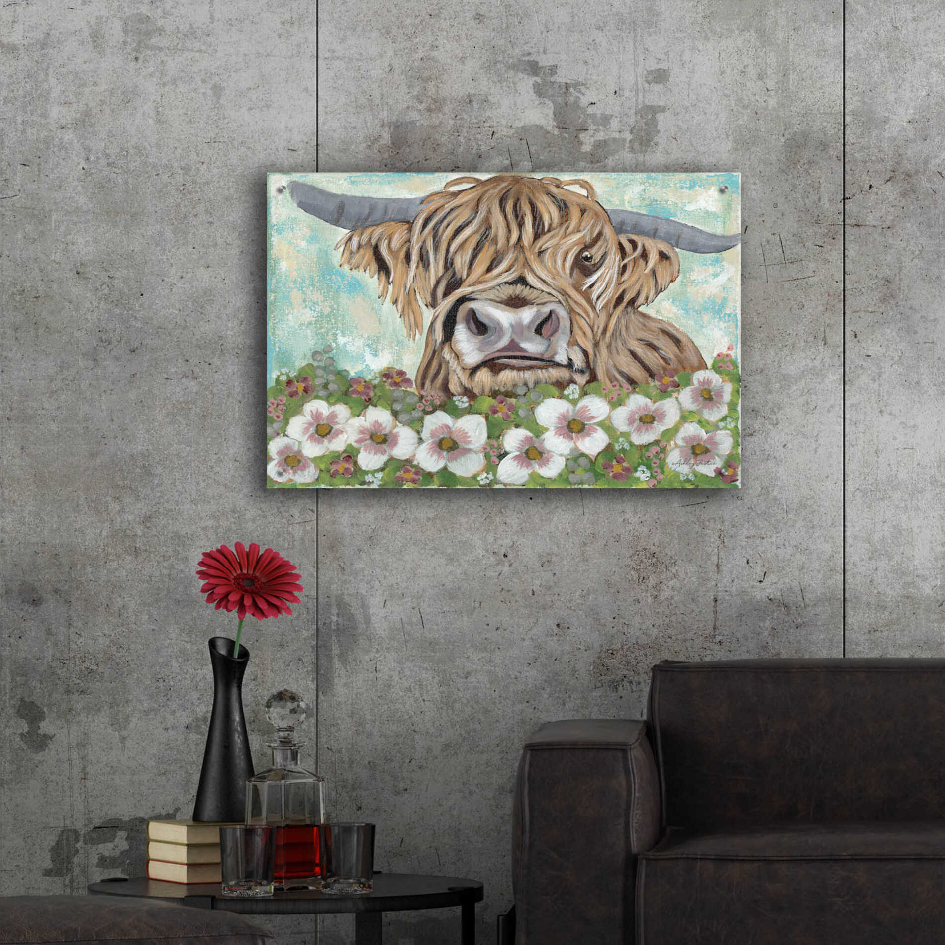 Epic Art 'Floral Highland Cow' by Ashley Justice, Acrylic Glass Wall Art,36x24