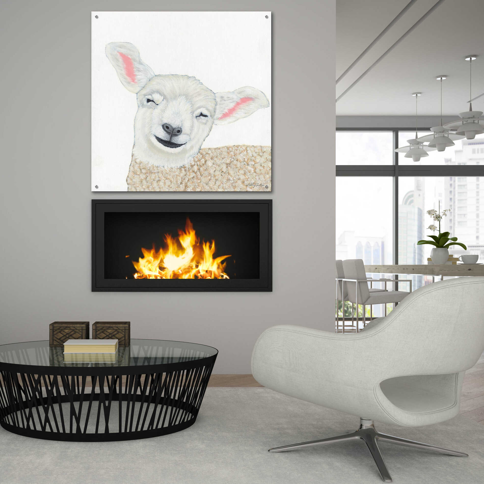 Epic Art 'Smiling Sheep' by Ashley Justice, Acrylic Glass Wall Art,36x36