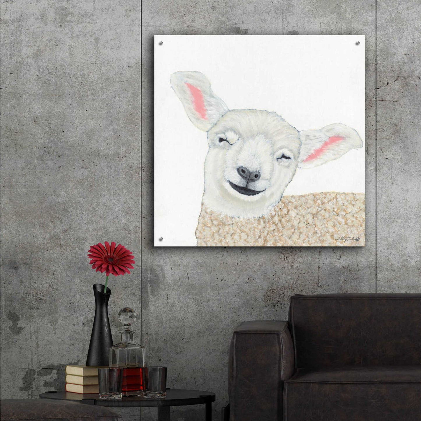 Epic Art 'Smiling Sheep' by Ashley Justice, Acrylic Glass Wall Art,36x36