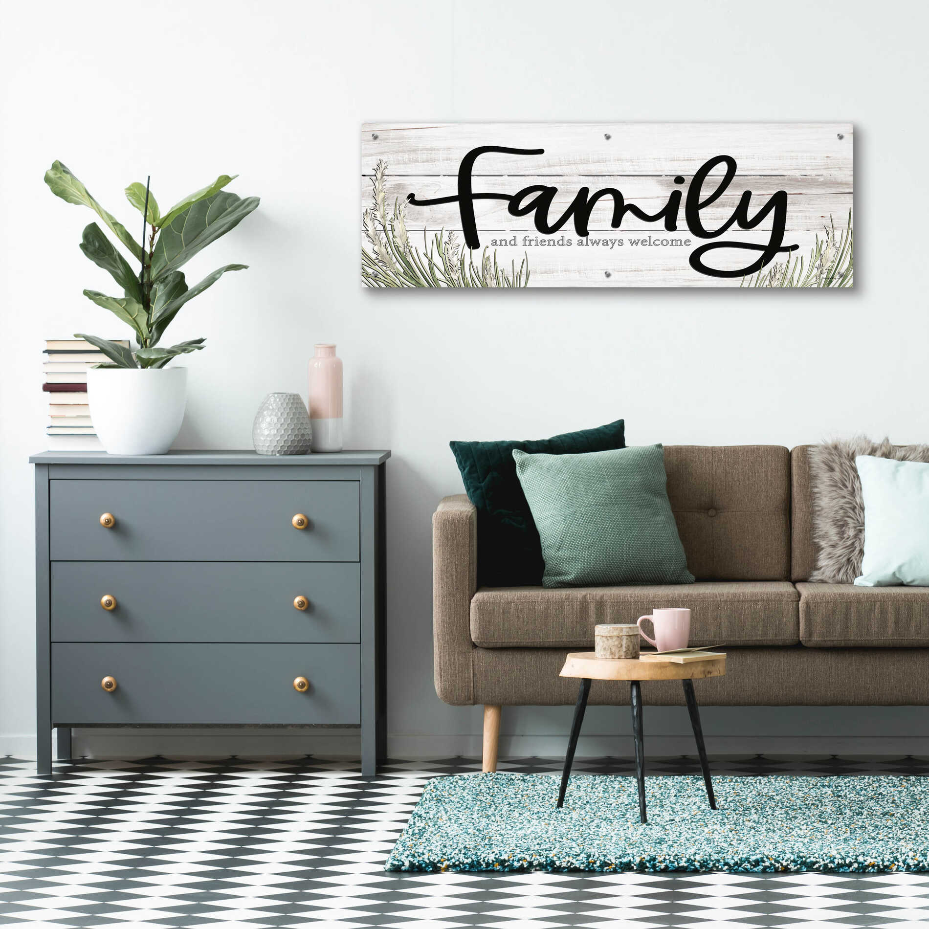Epic Art 'Family and Friends Always Welcome ' by Susie Boyer, Acrylic Glass Wall Art,48x16
