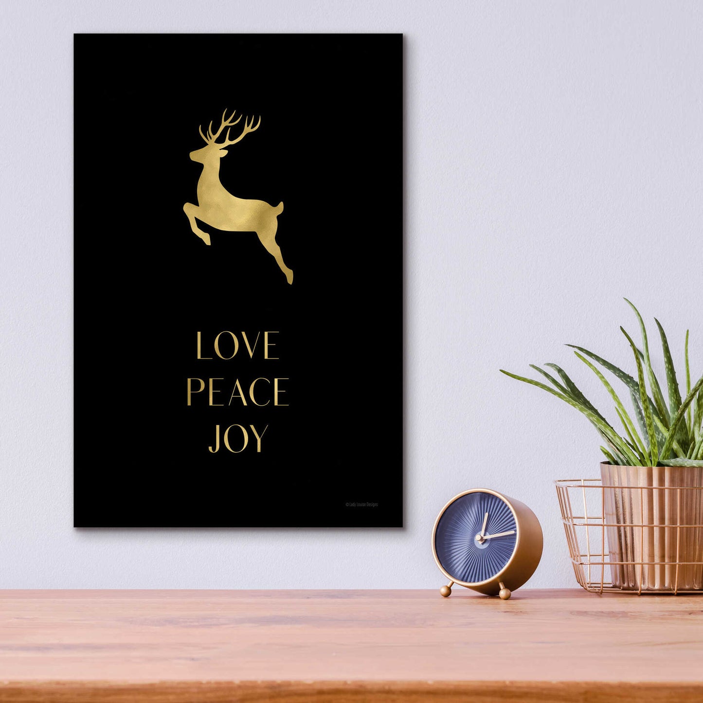 Epic Art 'Love, Peace, Joy Reindeer' by Lady Louise Designs, Acrylic Glass Wall Art,12x16