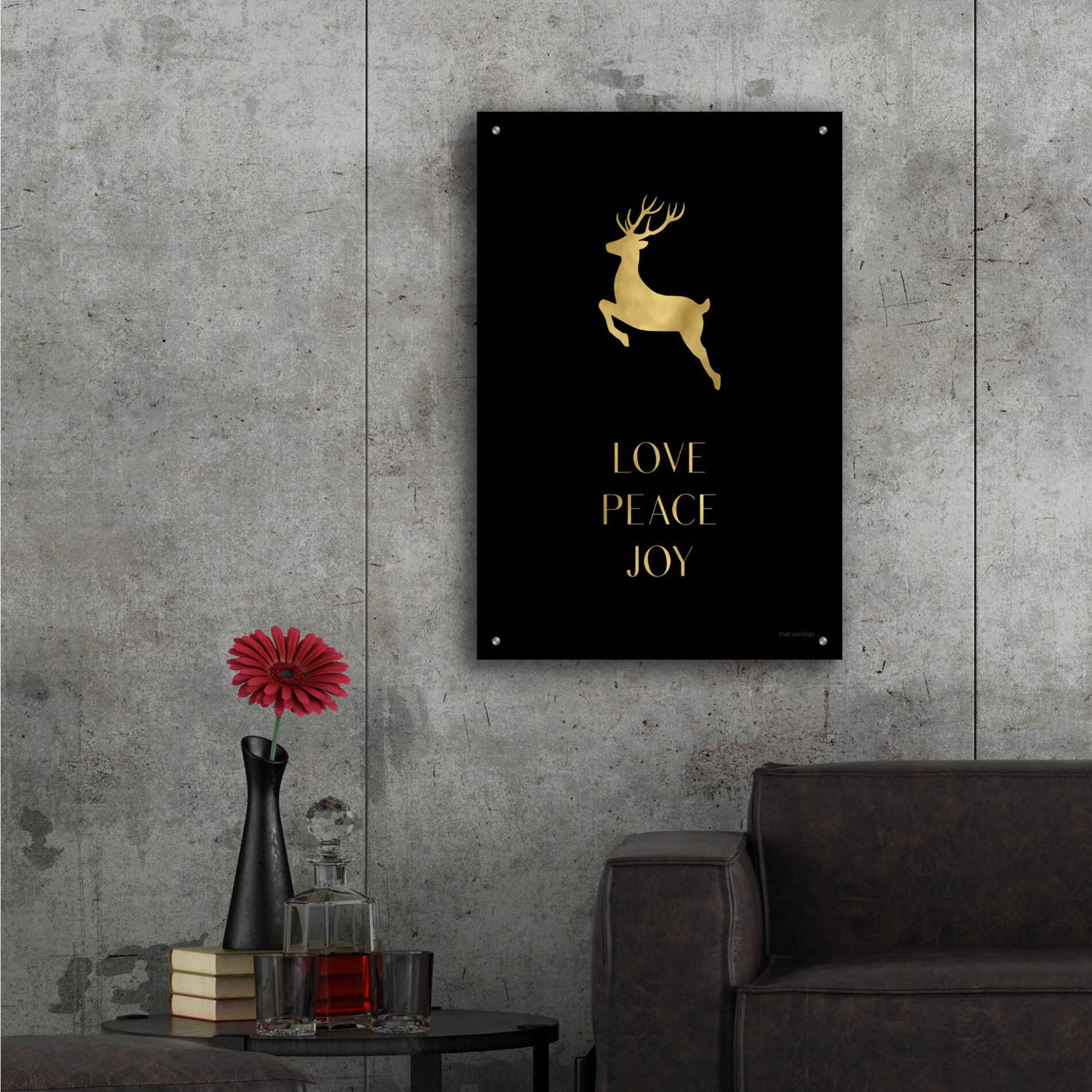 Epic Art 'Love, Peace, Joy Reindeer' by Lady Louise Designs, Acrylic Glass Wall Art,24x36