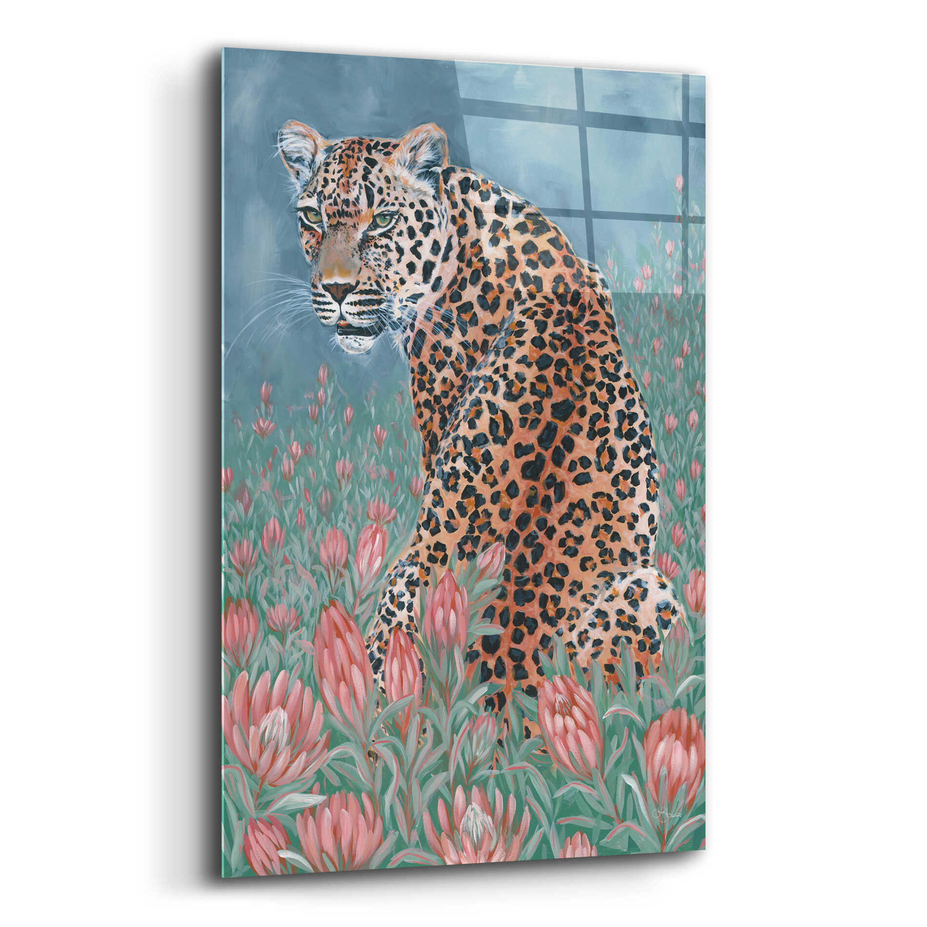 Epic Art 'Leopard in the Flowers' by JG Studios, Acrylic Glass Wall Art,12x16