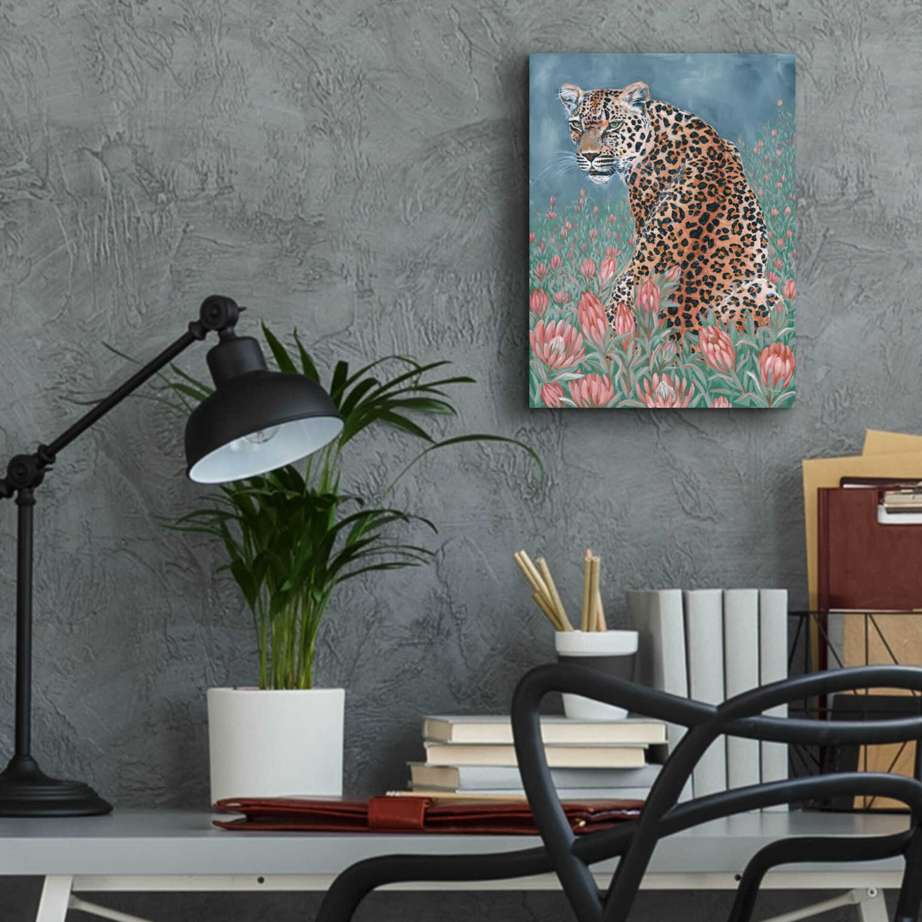 Epic Art 'Leopard in the Flowers' by JG Studios, Acrylic Glass Wall Art,12x16