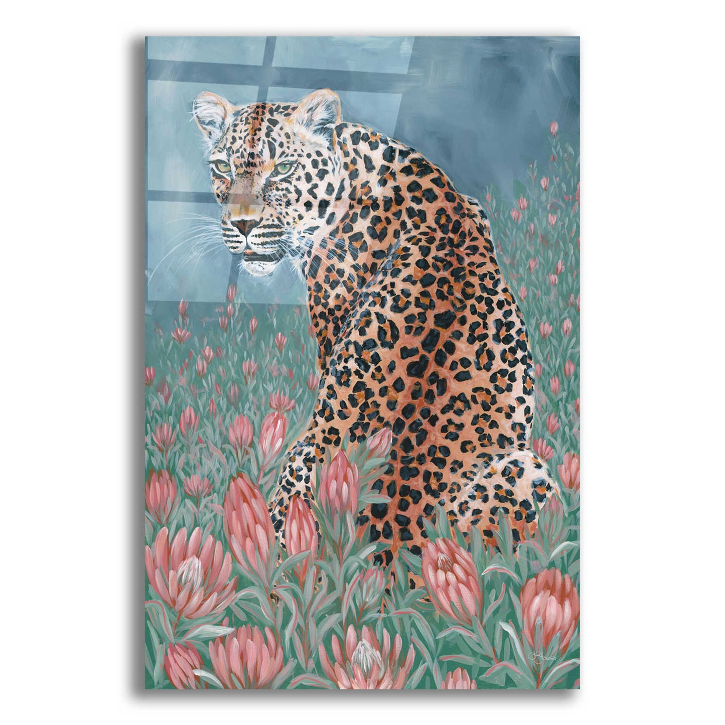 Epic Art 'Leopard in the Flowers' by JG Studios, Acrylic Glass Wall Art,12x16