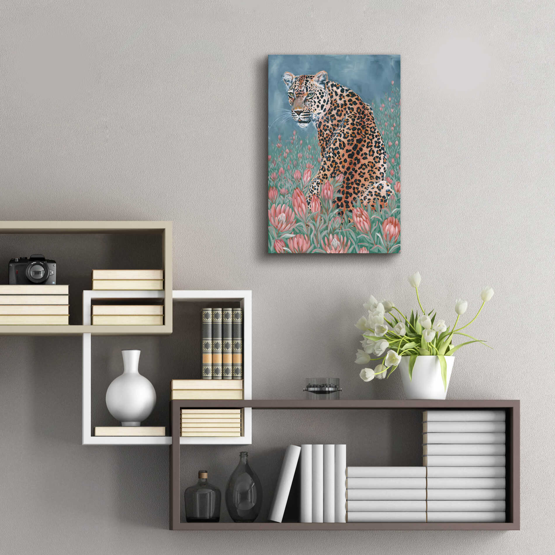 Epic Art 'Leopard in the Flowers' by JG Studios, Acrylic Glass Wall Art,16x24