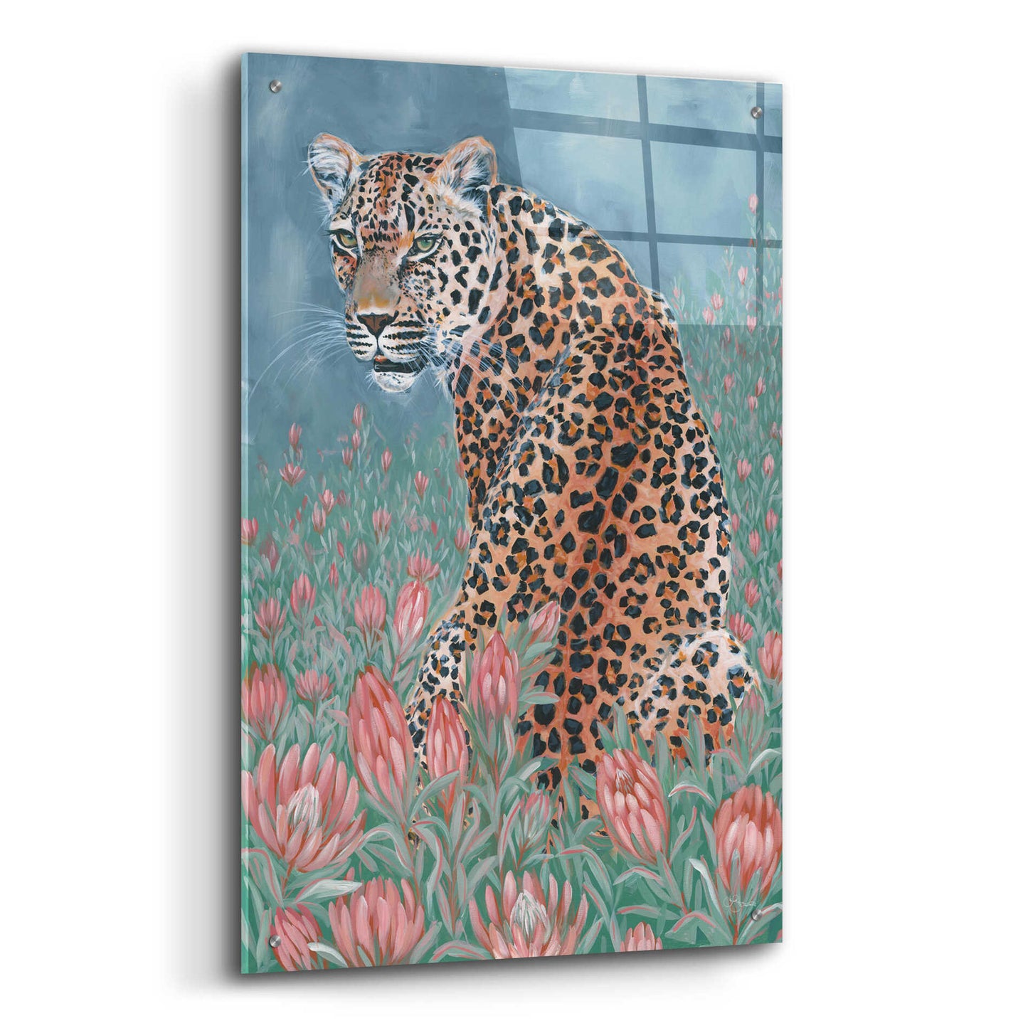 Epic Art 'Leopard in the Flowers' by JG Studios, Acrylic Glass Wall Art,24x36