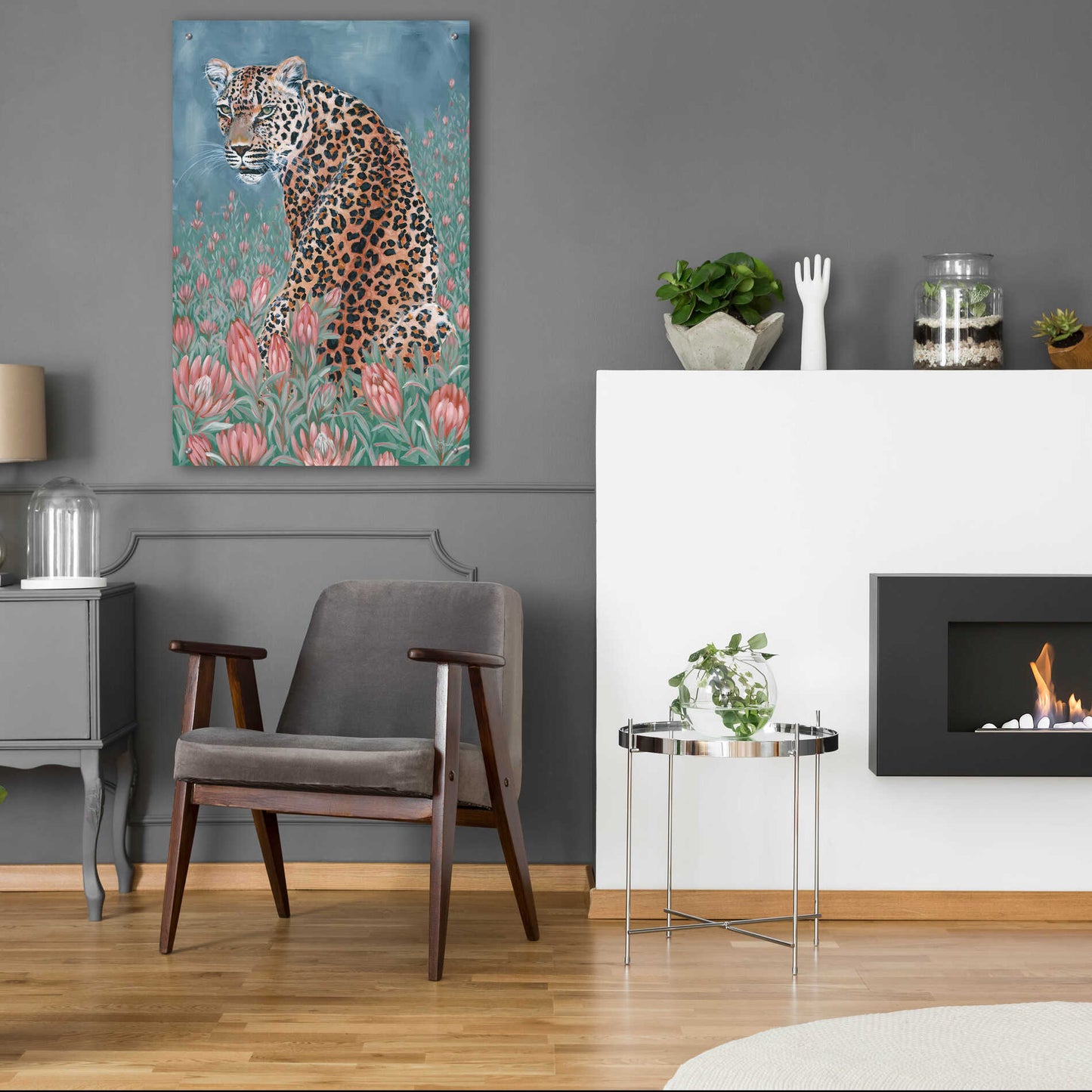 Epic Art 'Leopard in the Flowers' by JG Studios, Acrylic Glass Wall Art,24x36