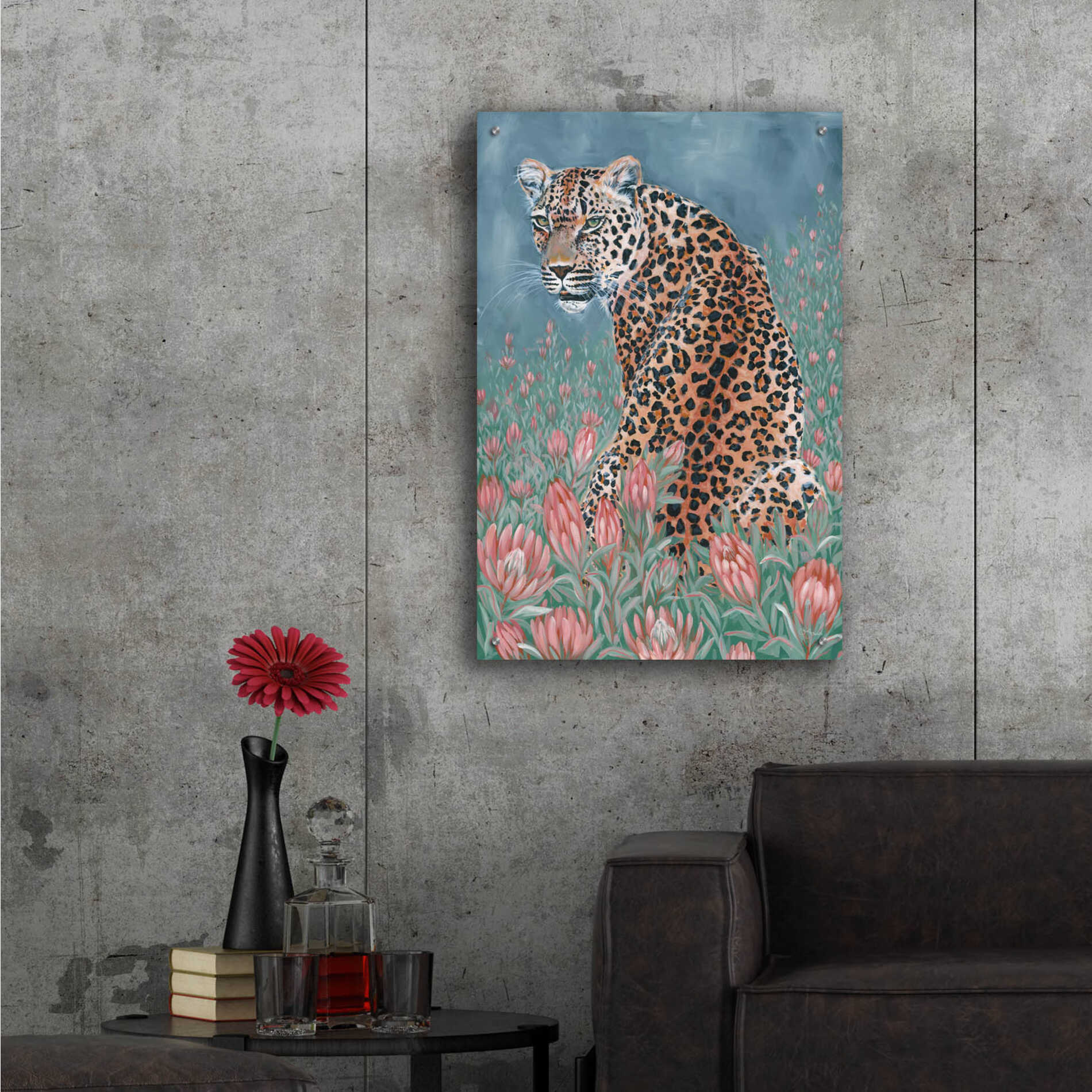 Epic Art 'Leopard in the Flowers' by JG Studios, Acrylic Glass Wall Art,24x36