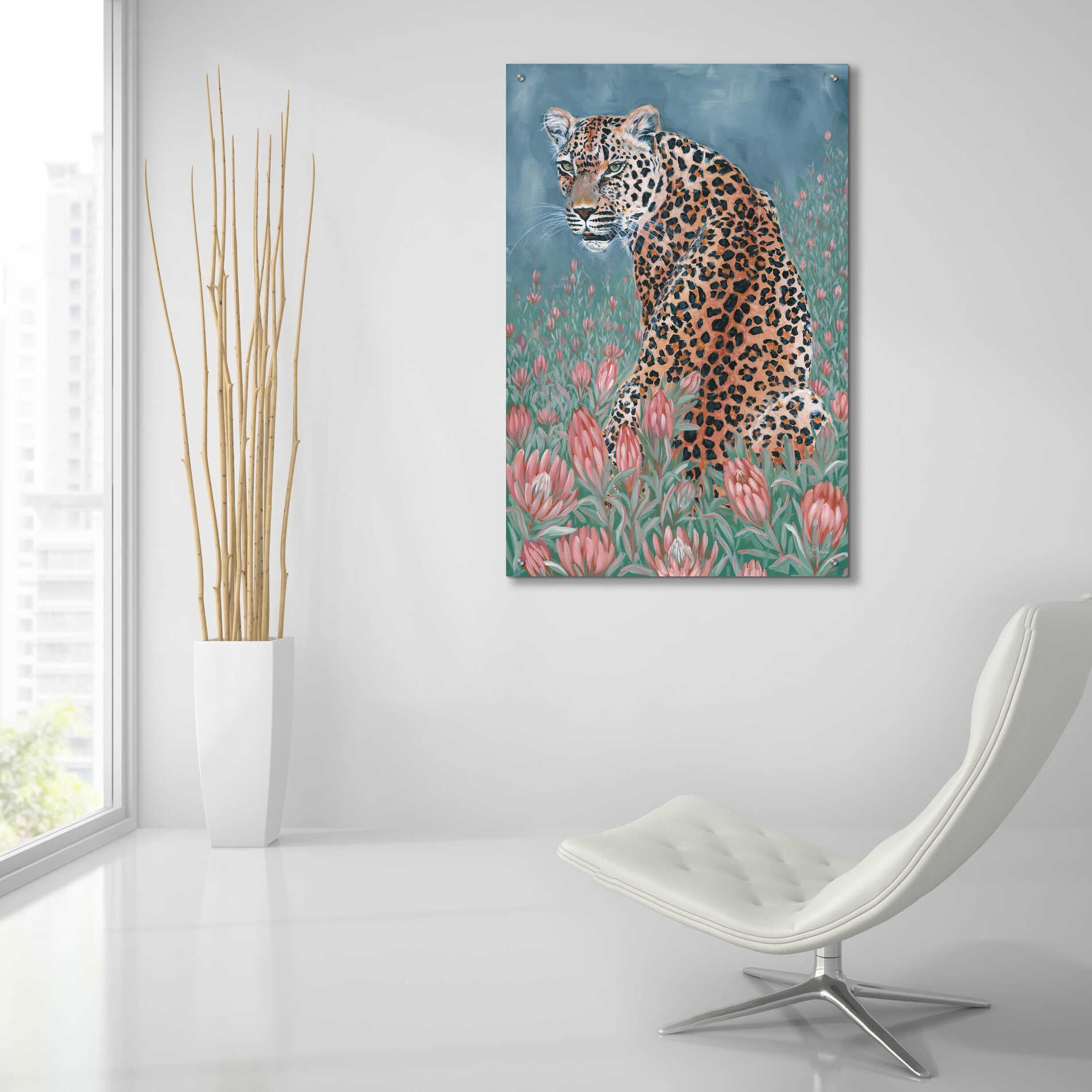 Epic Art 'Leopard in the Flowers' by JG Studios, Acrylic Glass Wall Art,24x36