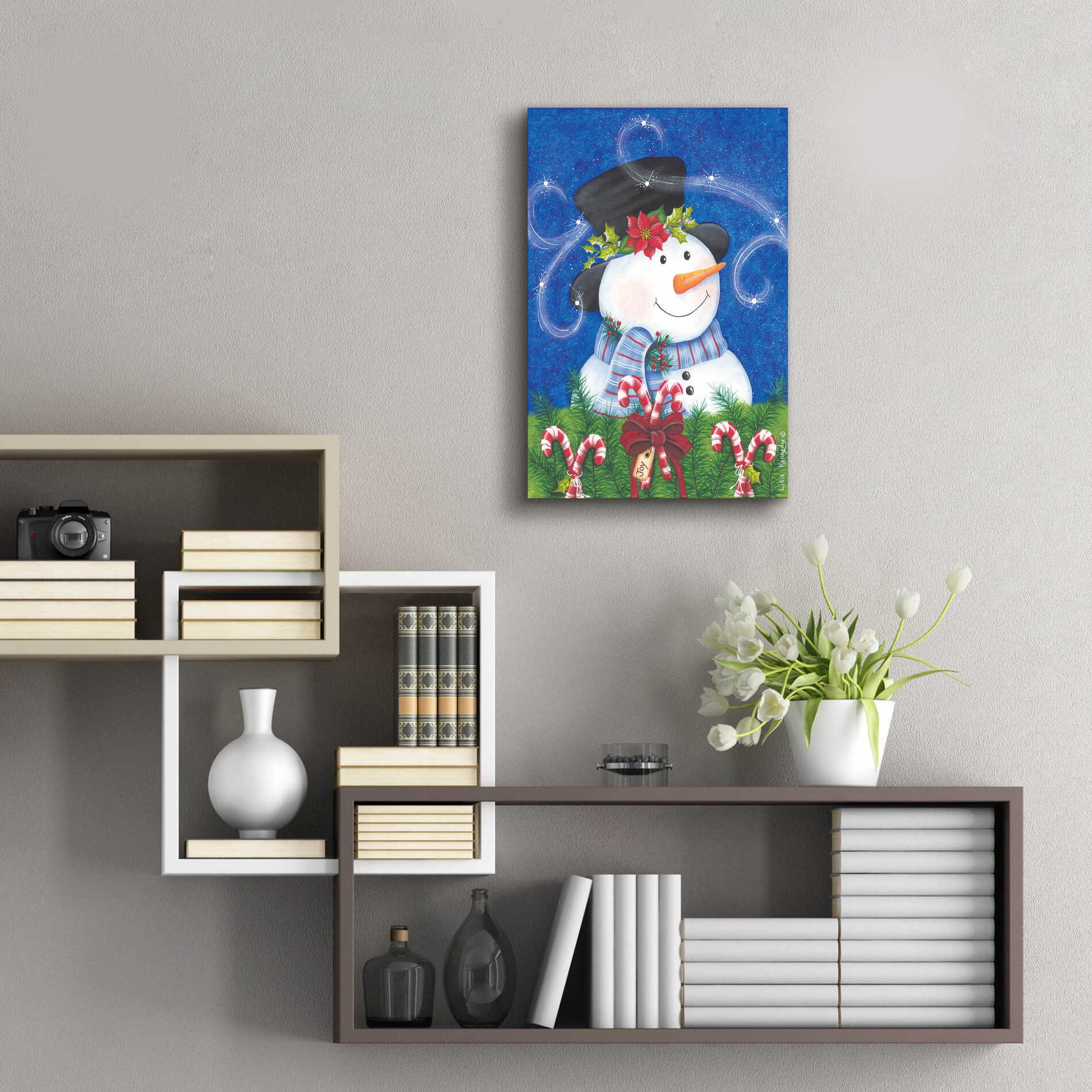 Epic Art 'Snowman & Candy Canes' by Lisa Kennedy, Acrylic Glass Wall Art,16x24