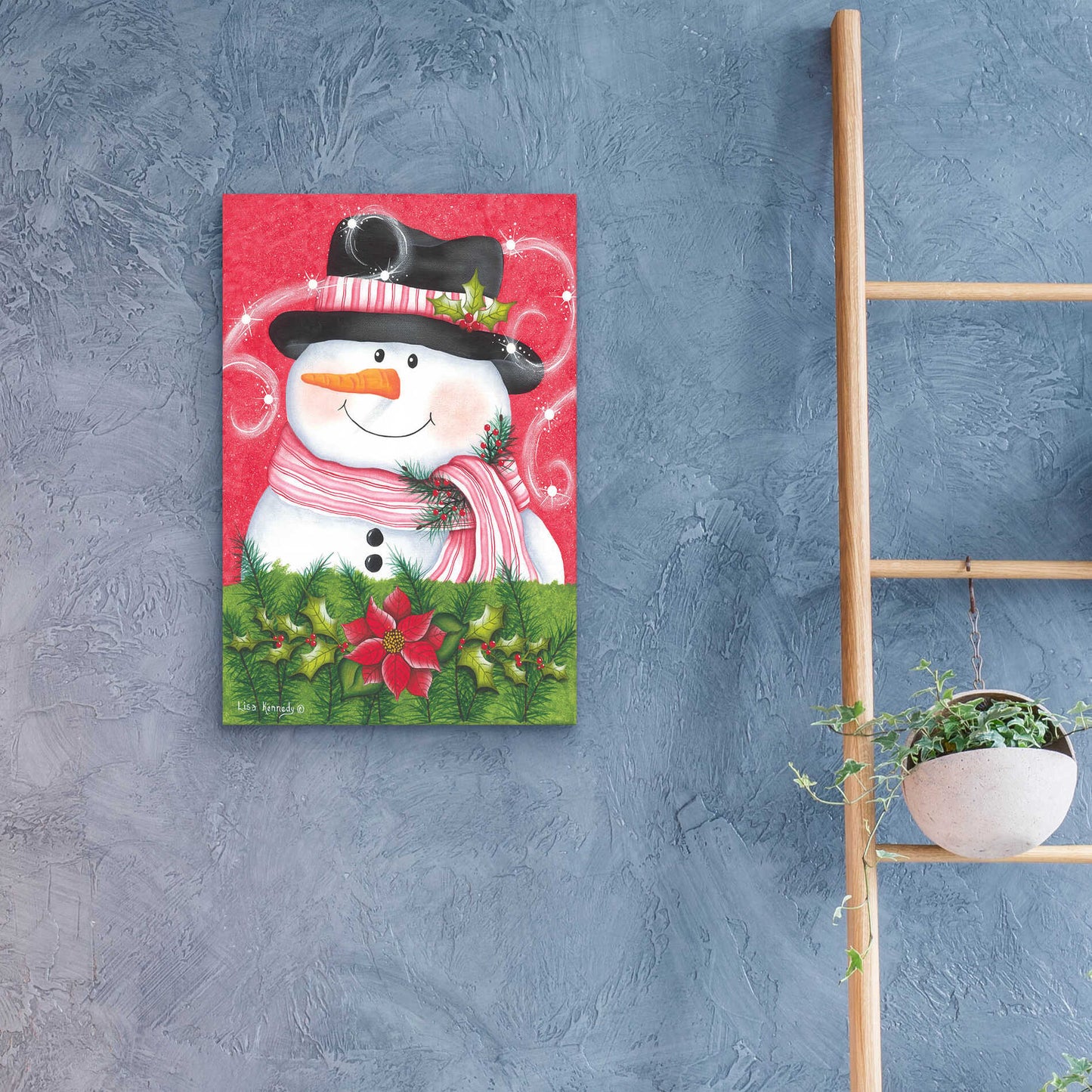Epic Art 'Snowman & Poinsettia' by Lisa Kennedy, Acrylic Glass Wall Art,16x24