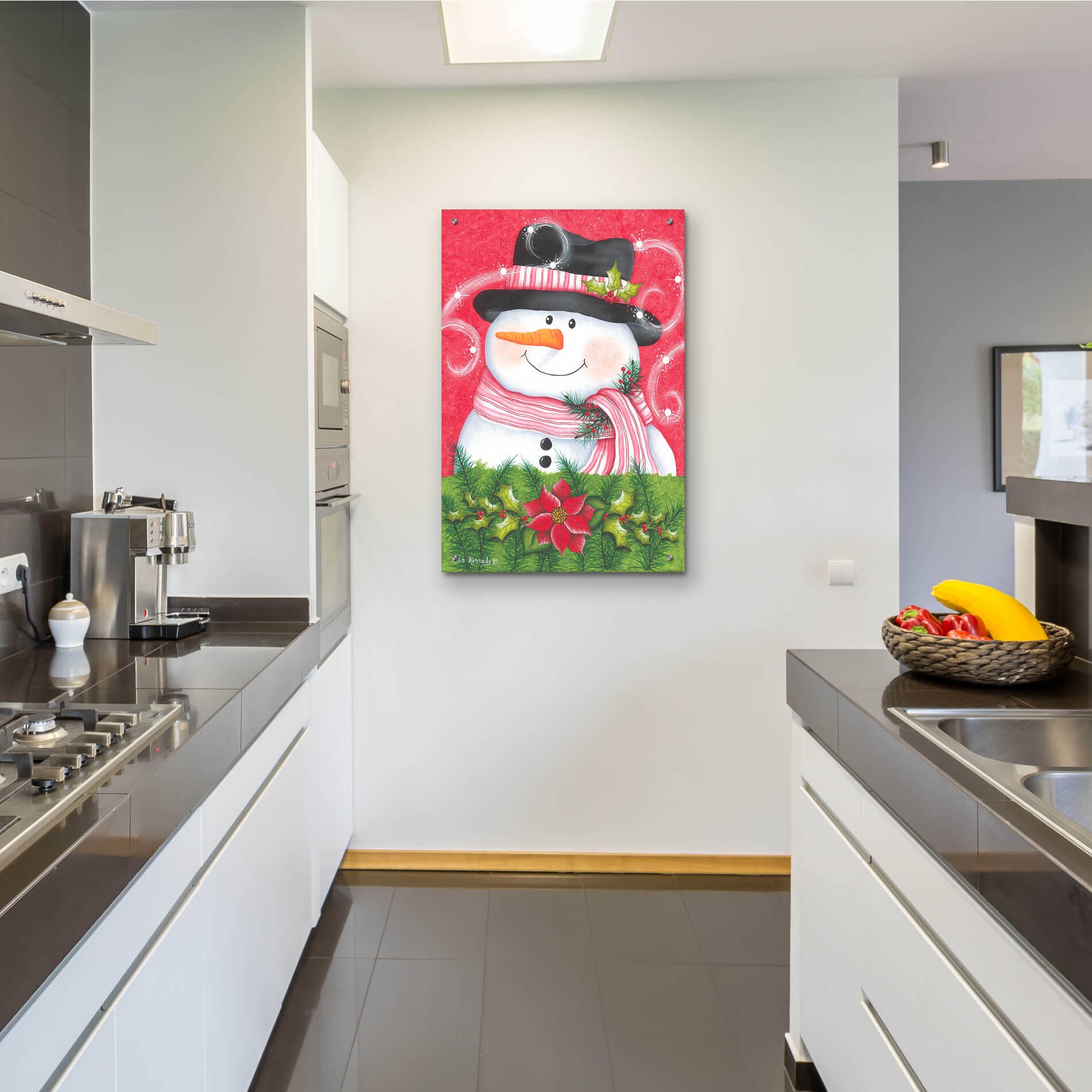 Epic Art 'Snowman & Poinsettia' by Lisa Kennedy, Acrylic Glass Wall Art,24x36