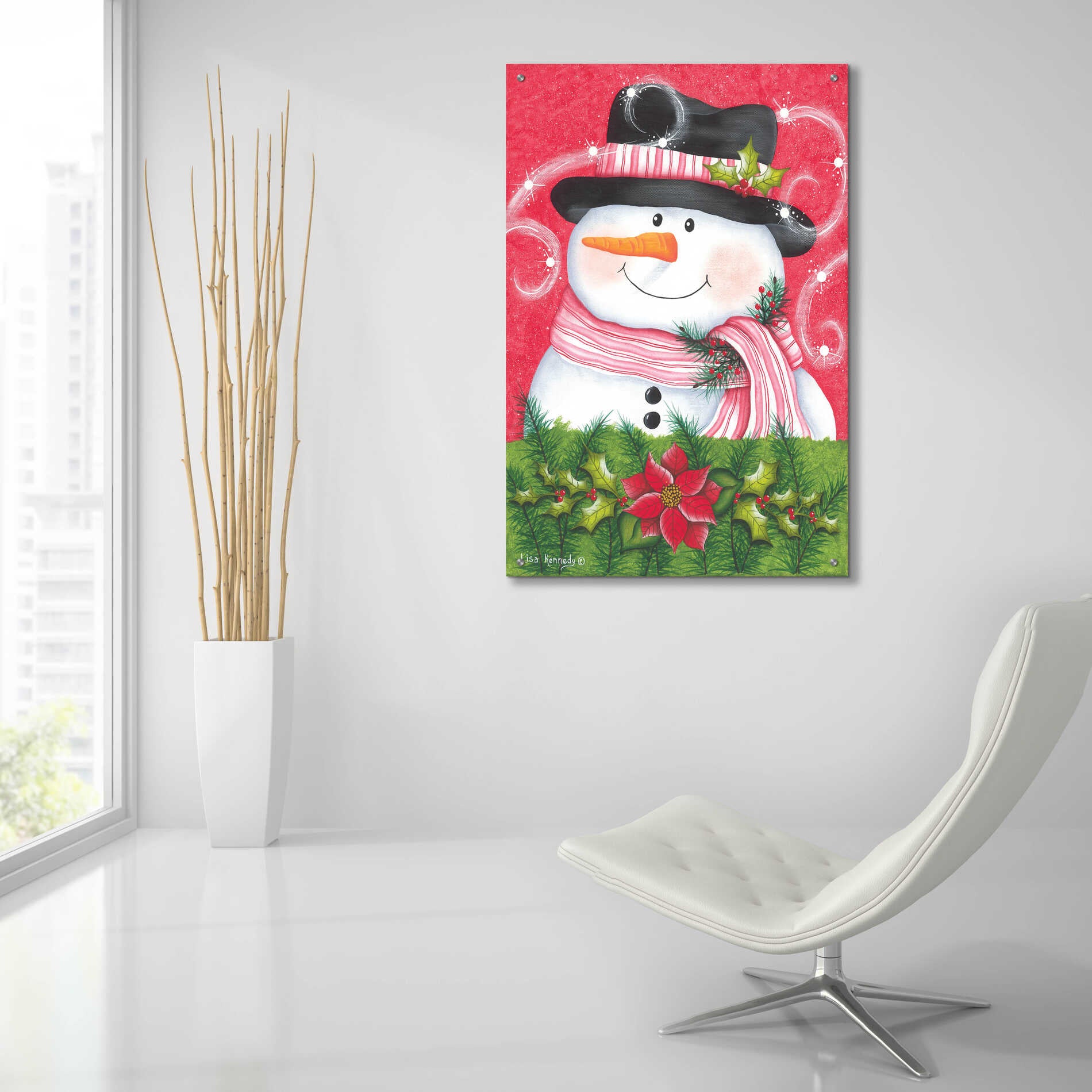 Epic Art 'Snowman & Poinsettia' by Lisa Kennedy, Acrylic Glass Wall Art,24x36