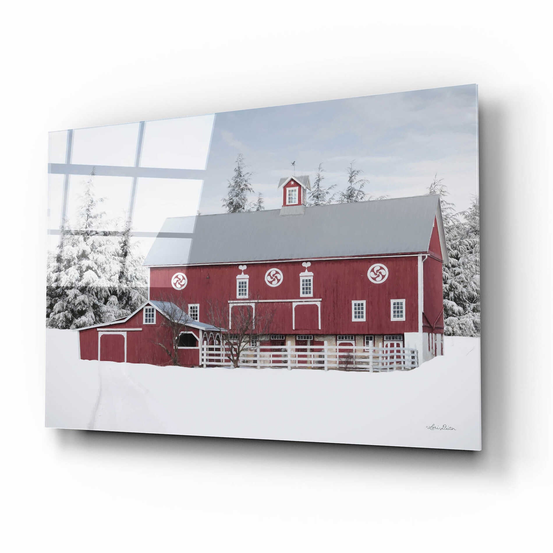 Epic Art 'Red Barn in the Pines' by Lori Deiter, Acrylic Glass Wall Art,16x12