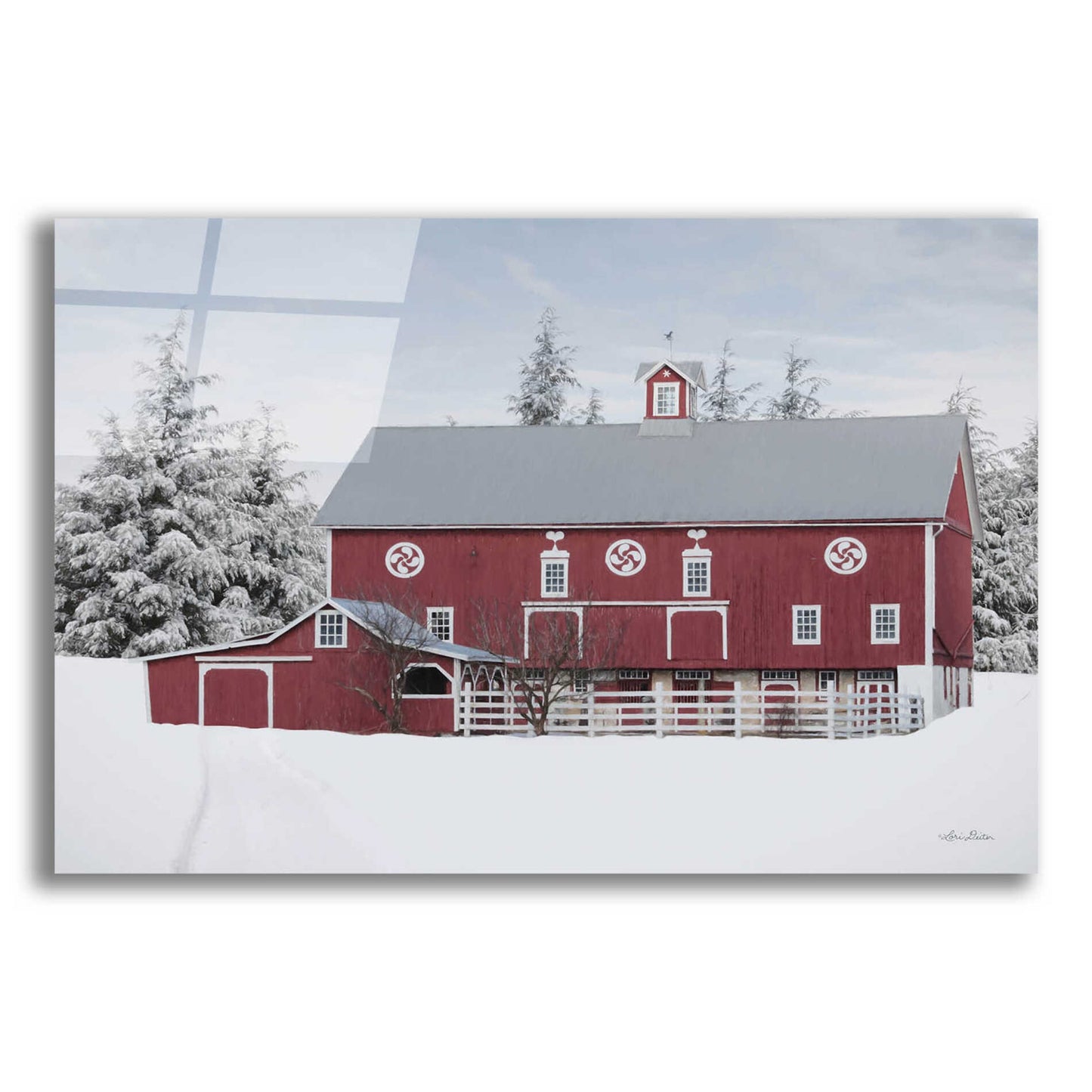 Epic Art 'Red Barn in the Pines' by Lori Deiter, Acrylic Glass Wall Art,16x12