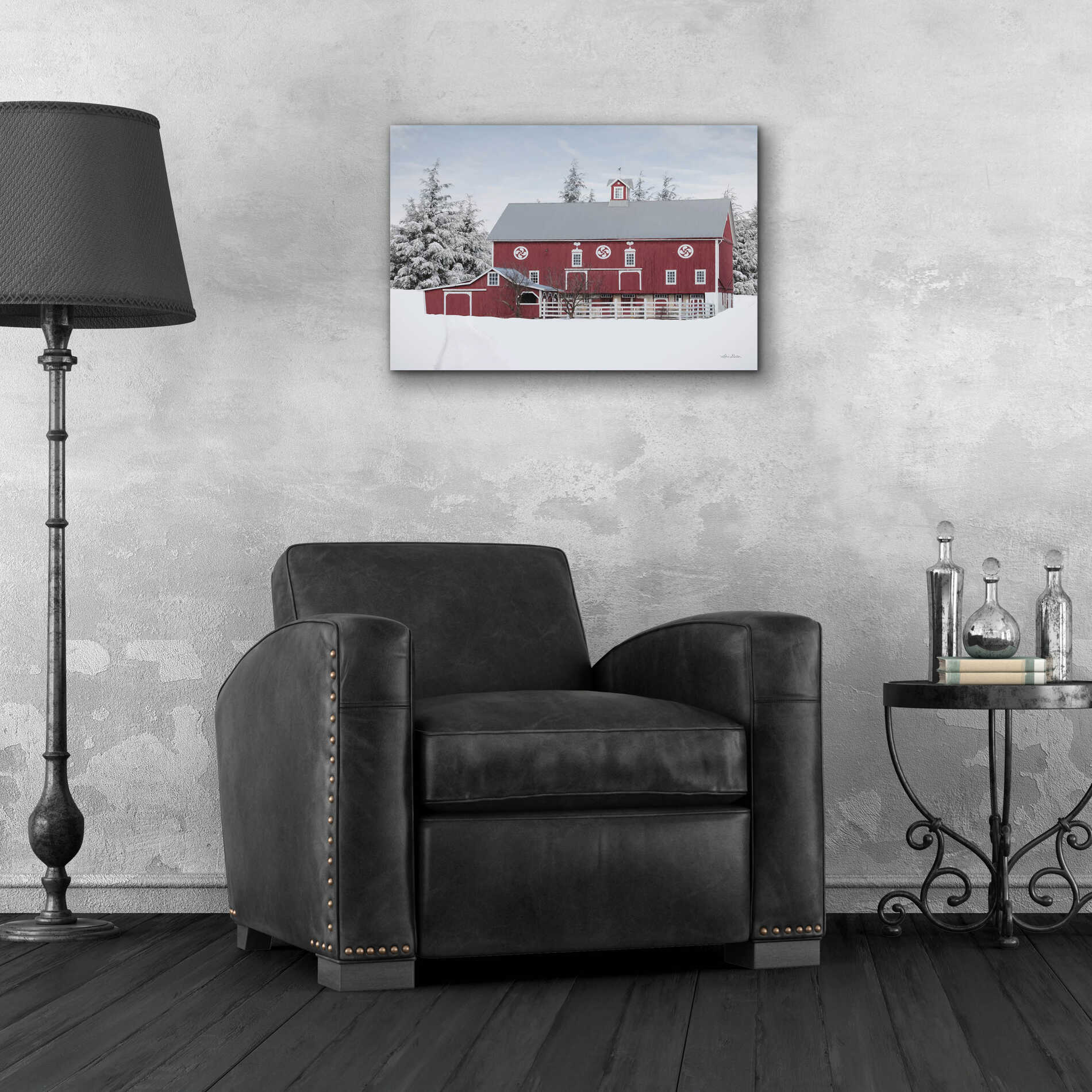 Epic Art 'Red Barn in the Pines' by Lori Deiter, Acrylic Glass Wall Art,24x16