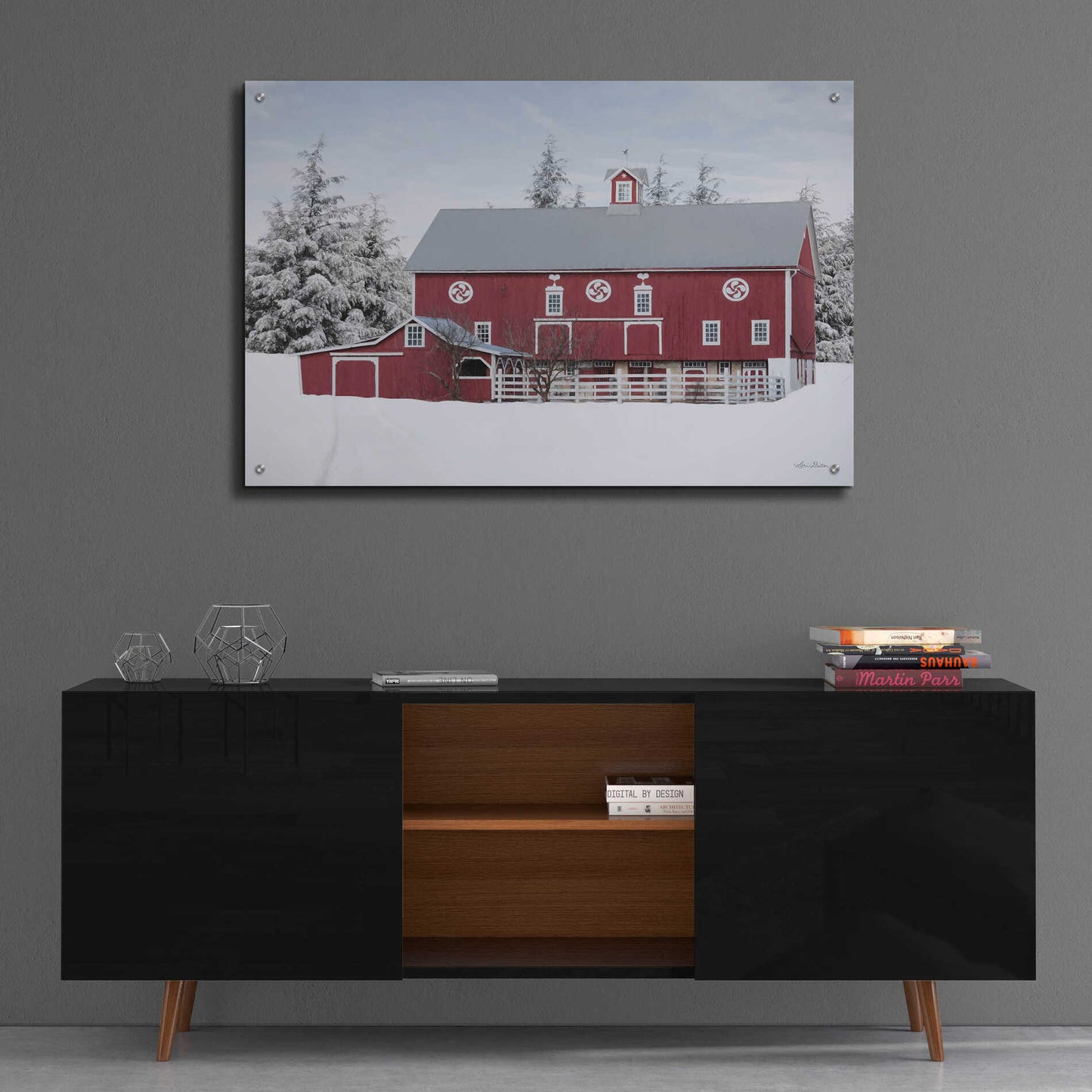 Epic Art 'Red Barn in the Pines' by Lori Deiter, Acrylic Glass Wall Art,36x24