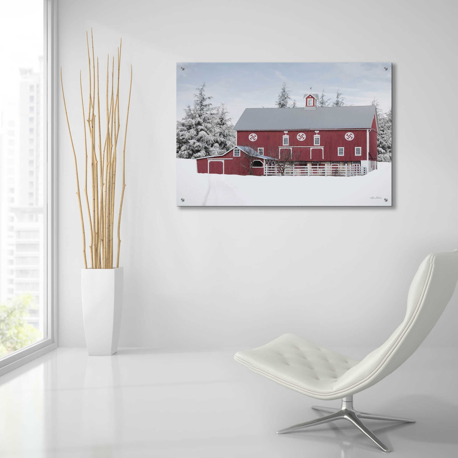 Epic Art 'Red Barn in the Pines' by Lori Deiter, Acrylic Glass Wall Art,36x24