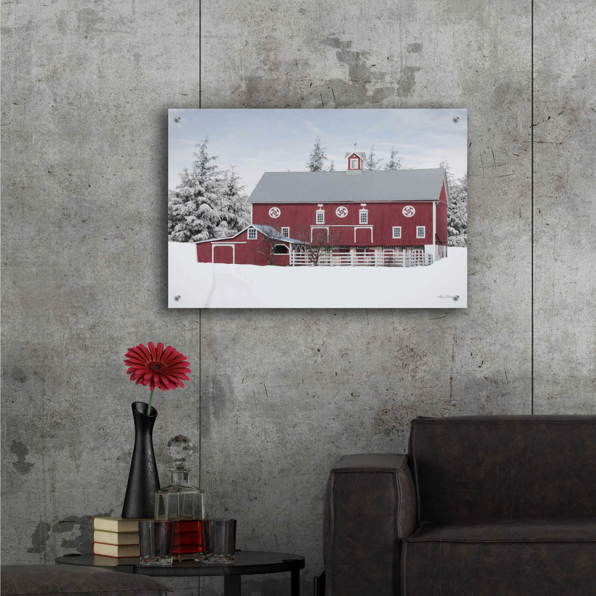 Epic Art 'Red Barn in the Pines' by Lori Deiter, Acrylic Glass Wall Art,36x24