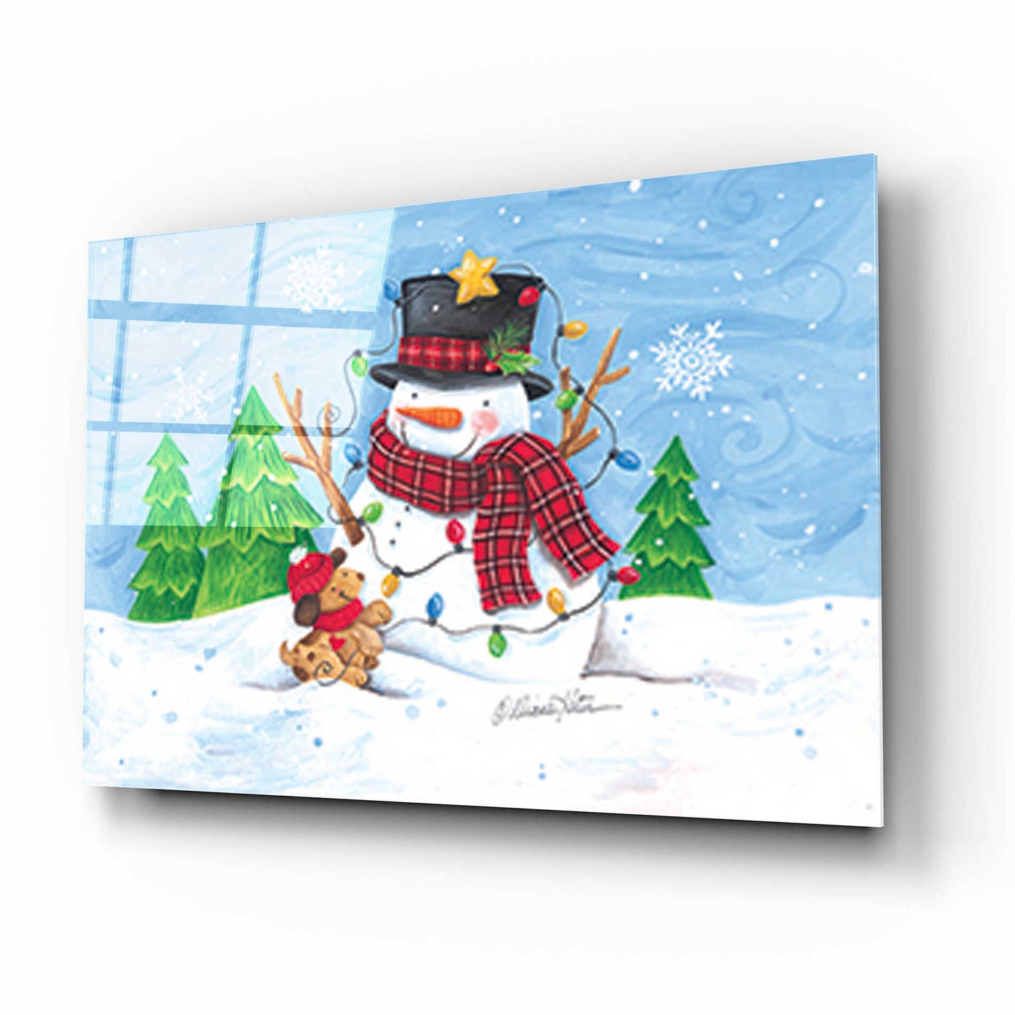 Epic Art 'Snowman and Christmas Lights' by Diane Kater, Acrylic Glass Wall Art,16x12