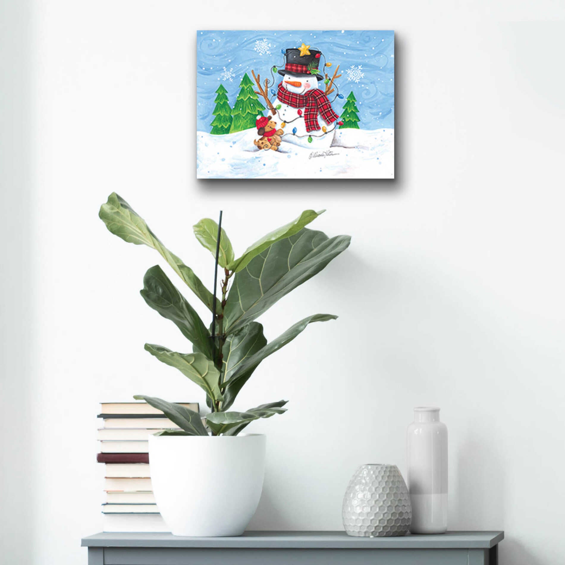 Epic Art 'Snowman and Christmas Lights' by Diane Kater, Acrylic Glass Wall Art,16x12