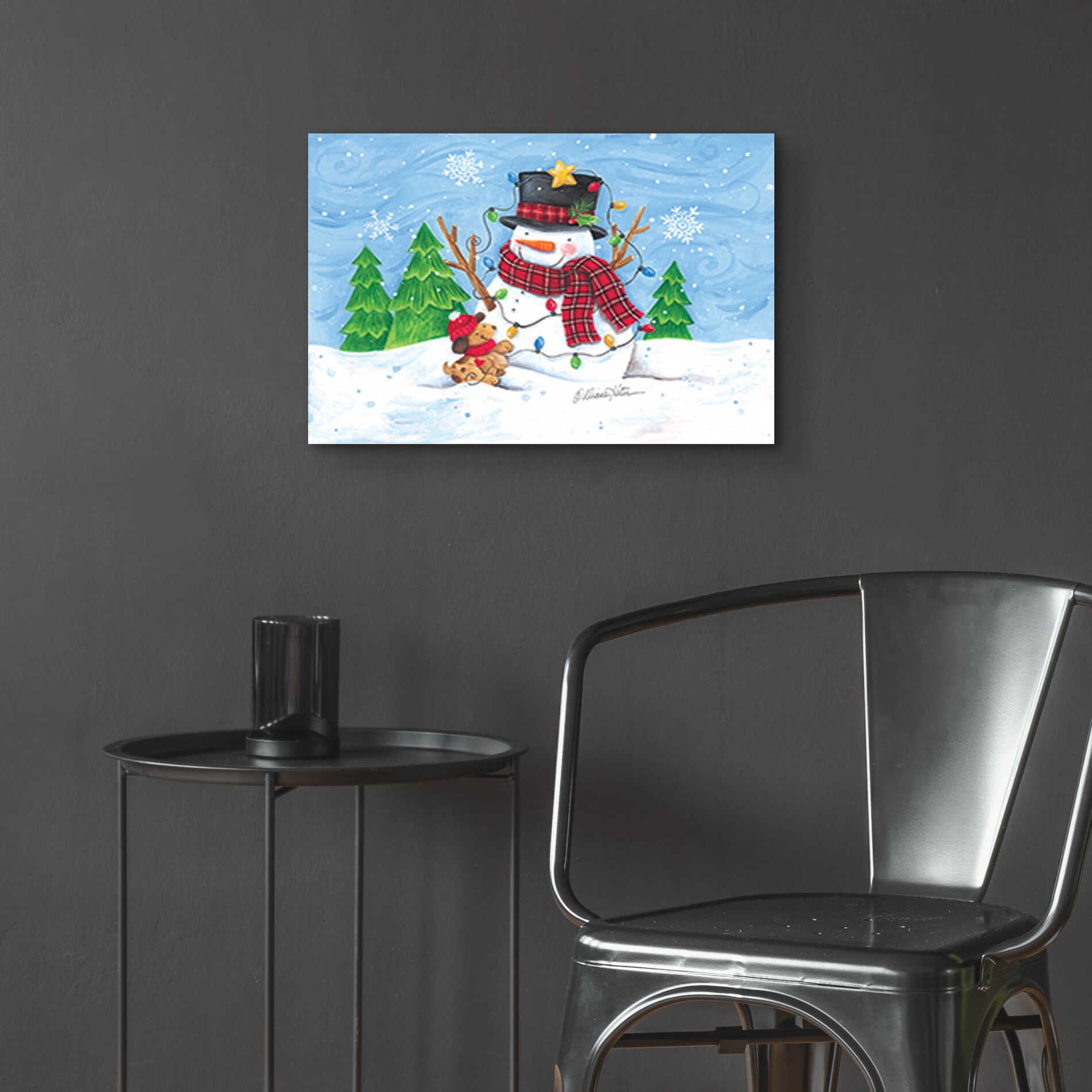 Epic Art 'Snowman and Christmas Lights' by Diane Kater, Acrylic Glass Wall Art,24x16