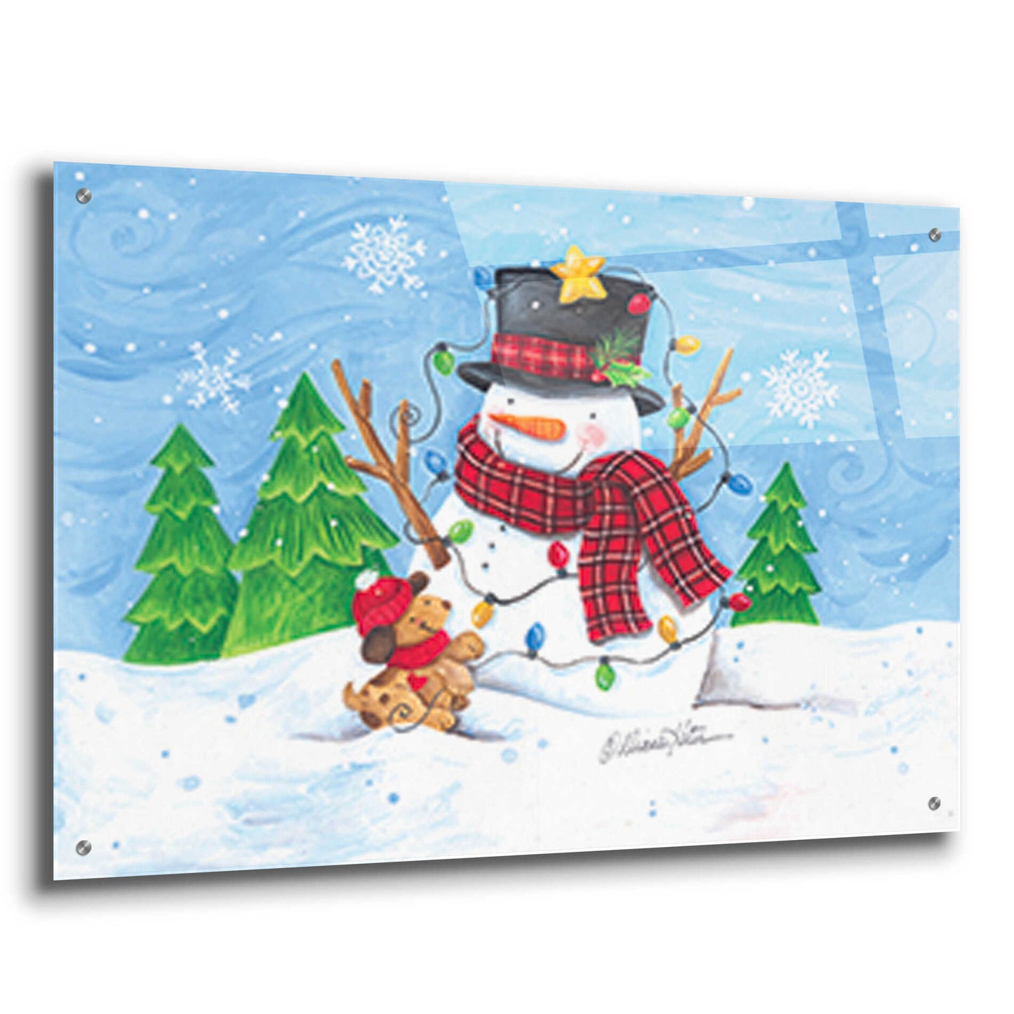 Epic Art 'Snowman and Christmas Lights' by Diane Kater, Acrylic Glass Wall Art,36x24