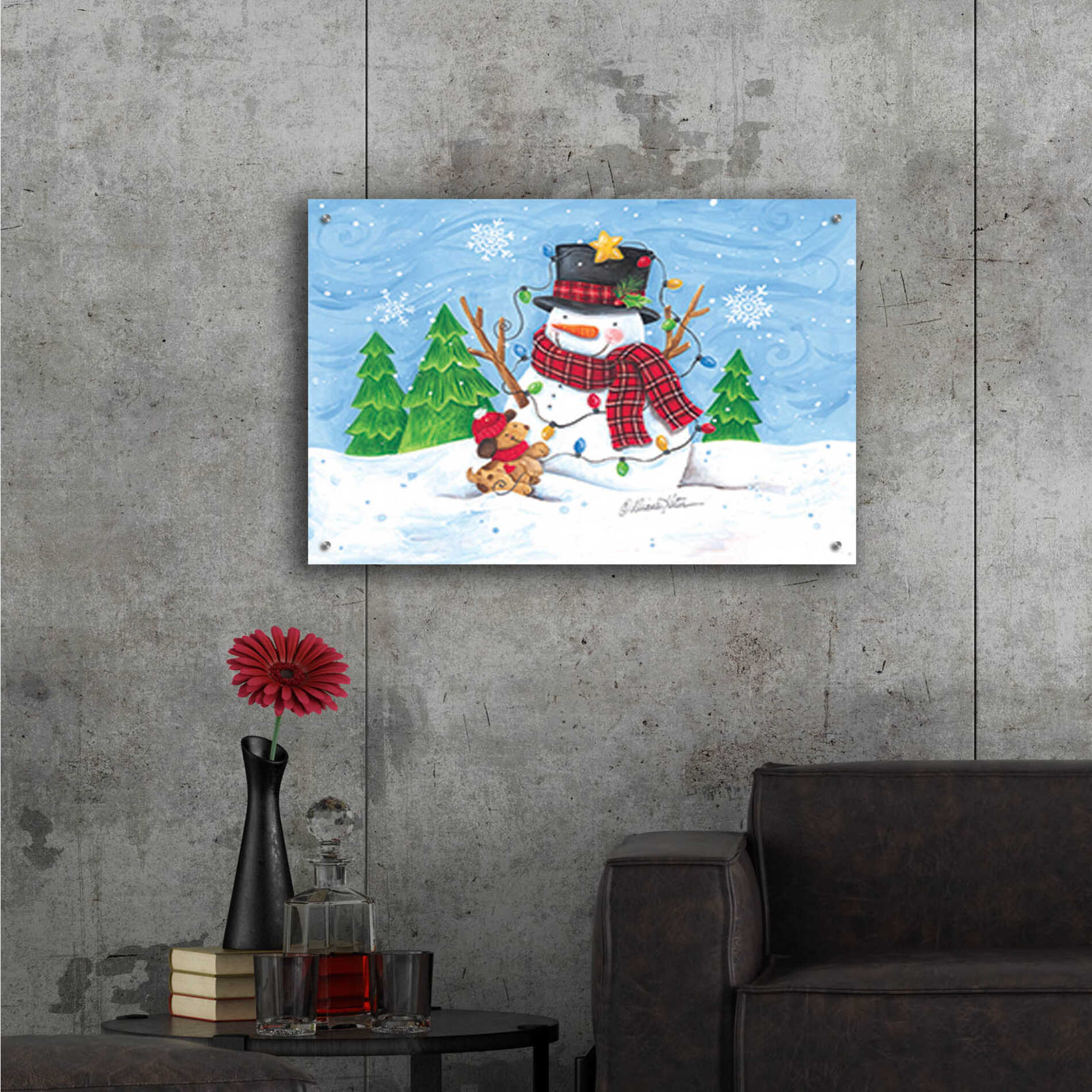 Epic Art 'Snowman and Christmas Lights' by Diane Kater, Acrylic Glass Wall Art,36x24