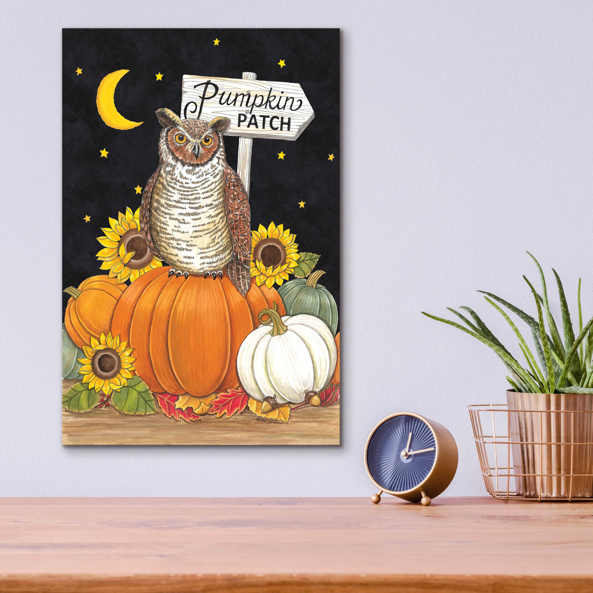 Epic Art 'Pumpkin Patch Owl' by Deb Strain, Acrylic Glass Wall Art,12x16