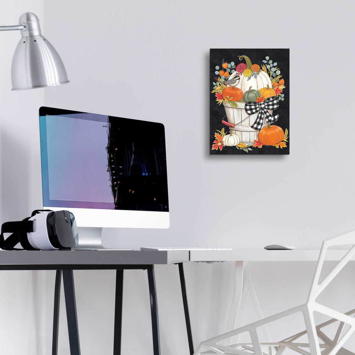 Epic Art 'Fall Bucket with Chickadee' by Deb Strain, Acrylic Glass Wall Art,12x16
