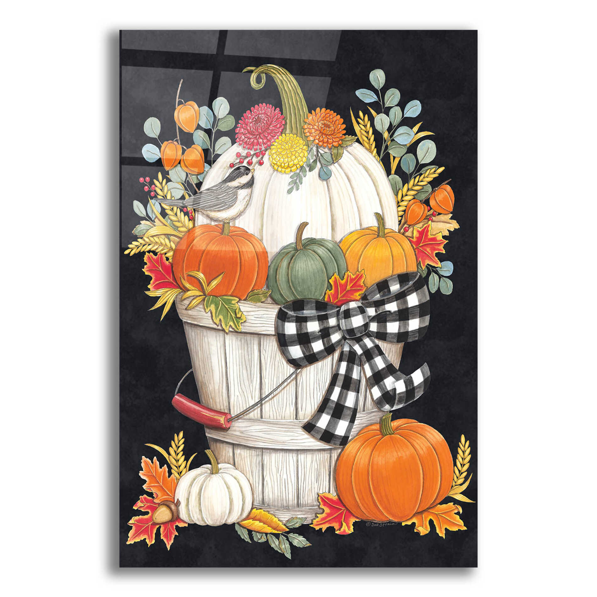 Epic Art 'Fall Bucket with Chickadee' by Deb Strain, Acrylic Glass Wall Art,12x16