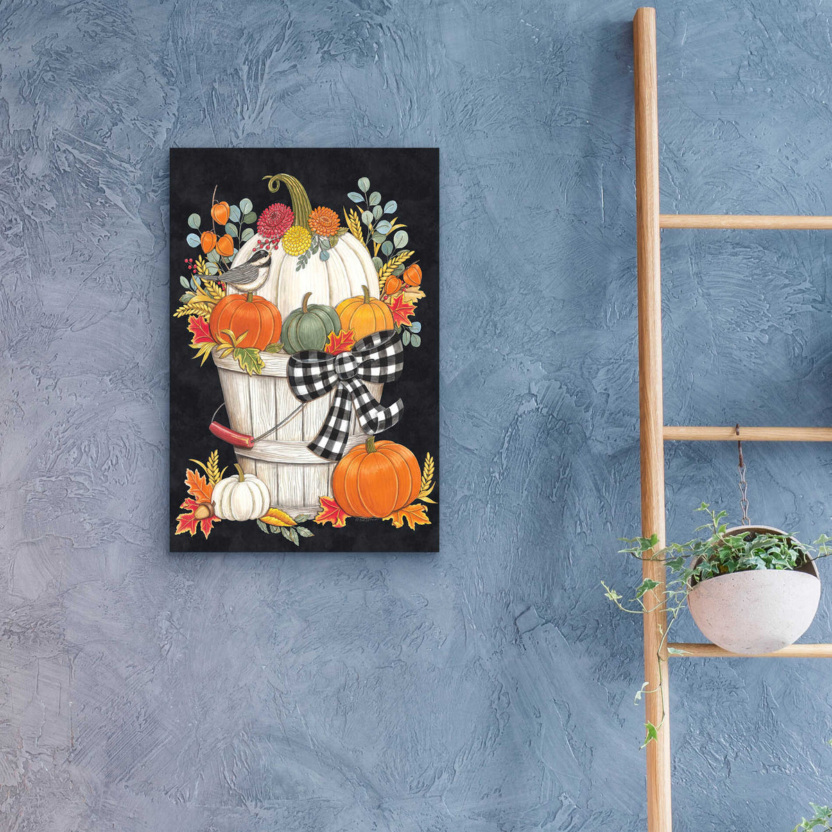 Epic Art 'Fall Bucket with Chickadee' by Deb Strain, Acrylic Glass Wall Art,16x24