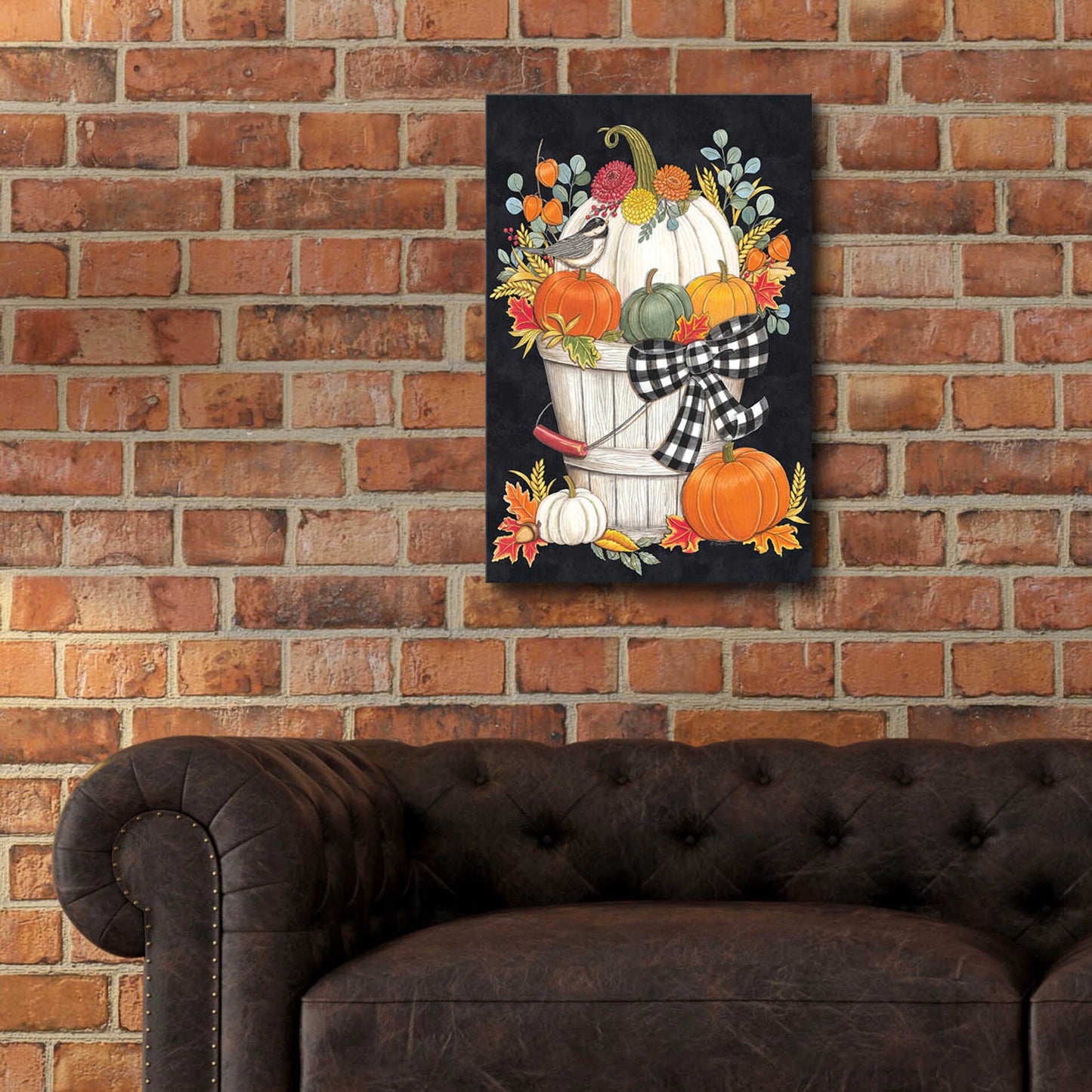 Epic Art 'Fall Bucket with Chickadee' by Deb Strain, Acrylic Glass Wall Art,16x24