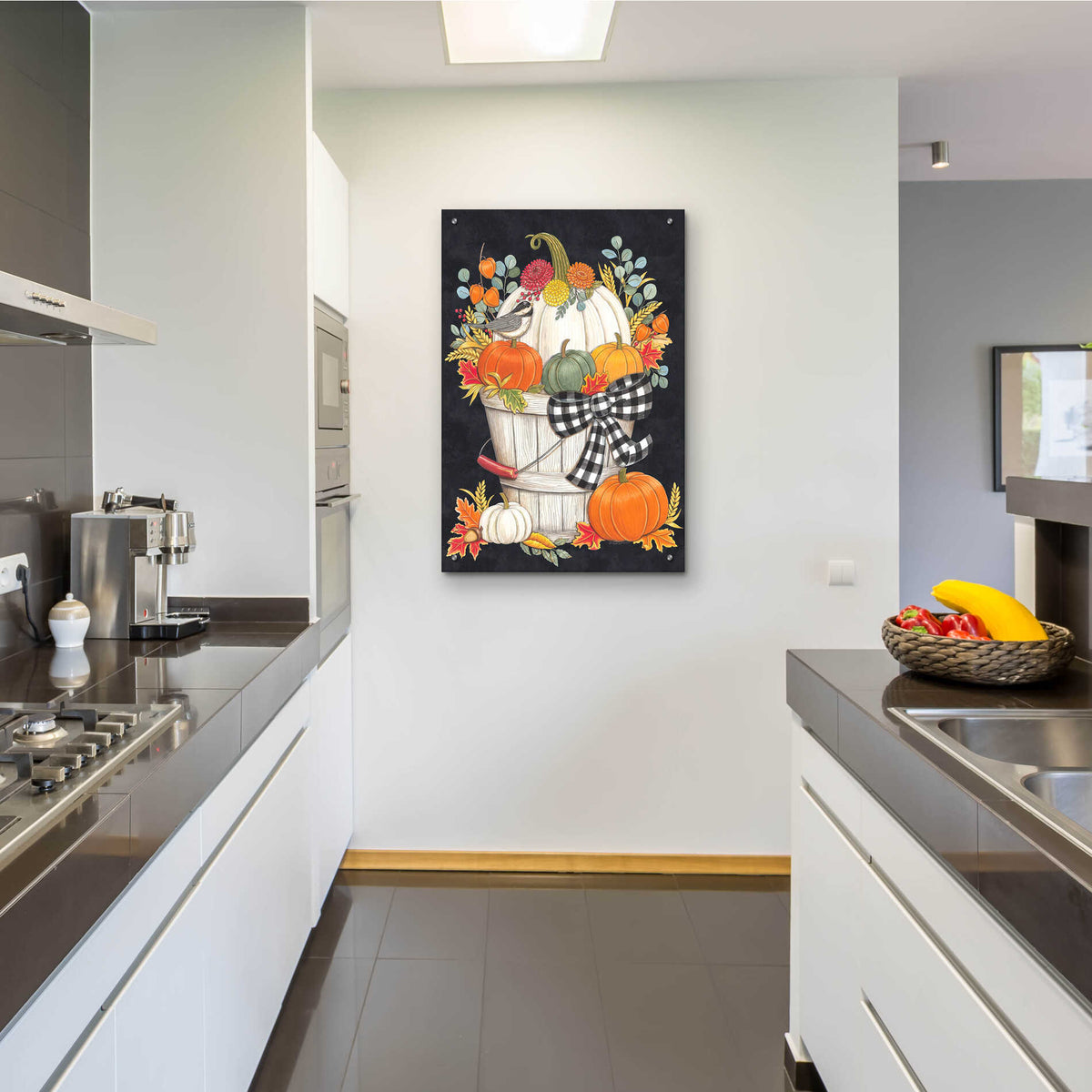 Epic Art 'Fall Bucket with Chickadee' by Deb Strain, Acrylic Glass Wall Art,24x36
