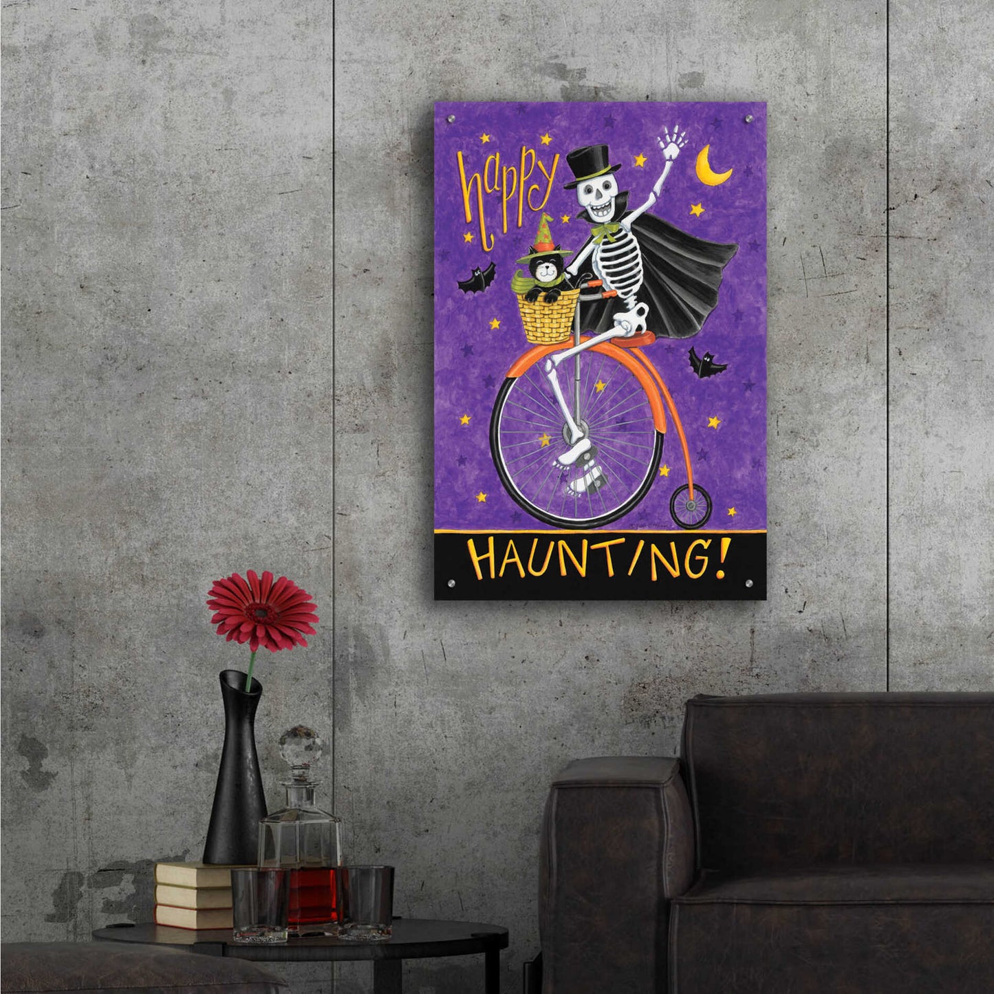 Epic Art 'Skelton on Bicycle' by Deb Strain, Acrylic Glass Wall Art,24x36