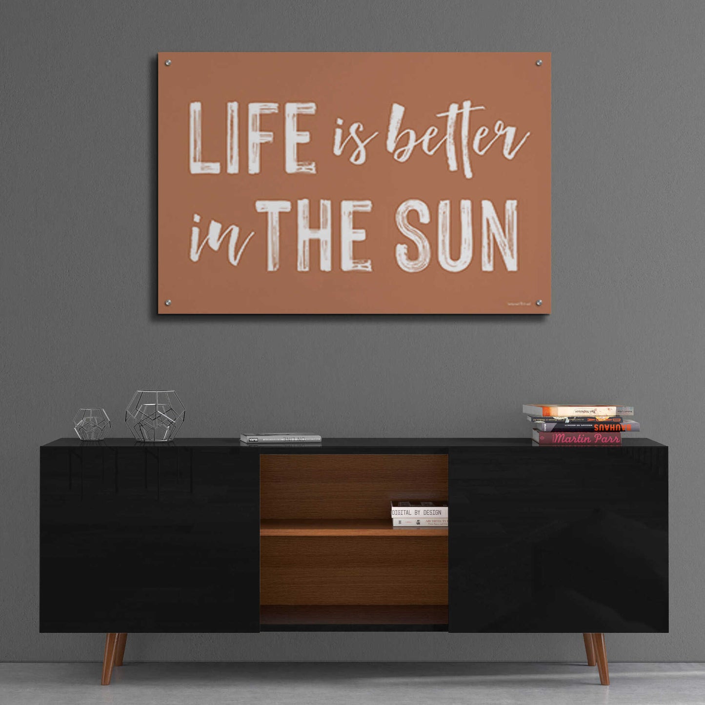 Epic Art 'Life is Better in the Sun Brown' by Lettered & Lined, Acrylic Glass Wall Art,36x24